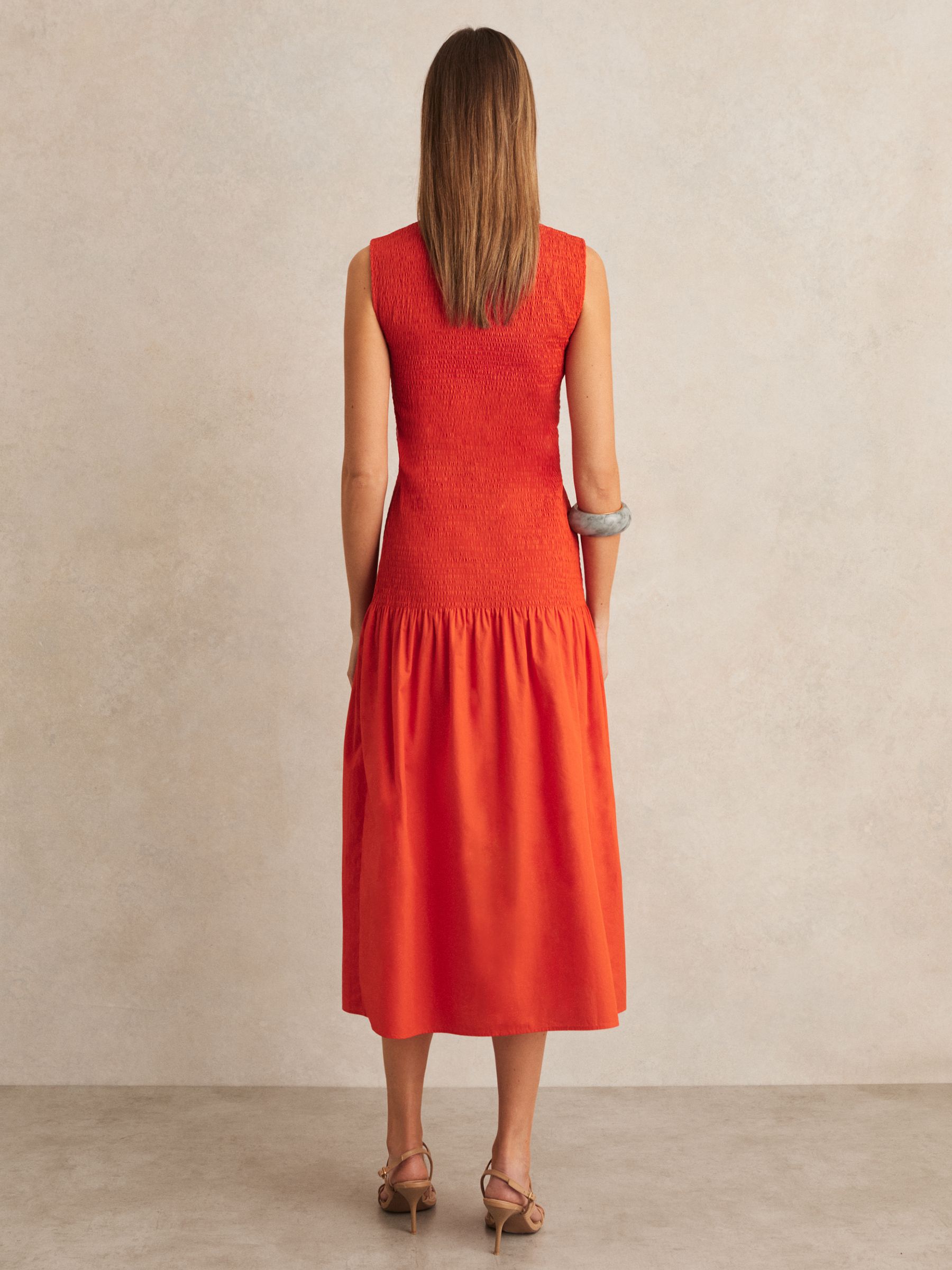 Petite Cotton Shirred Midi Dress in Red - Image 5 of 7