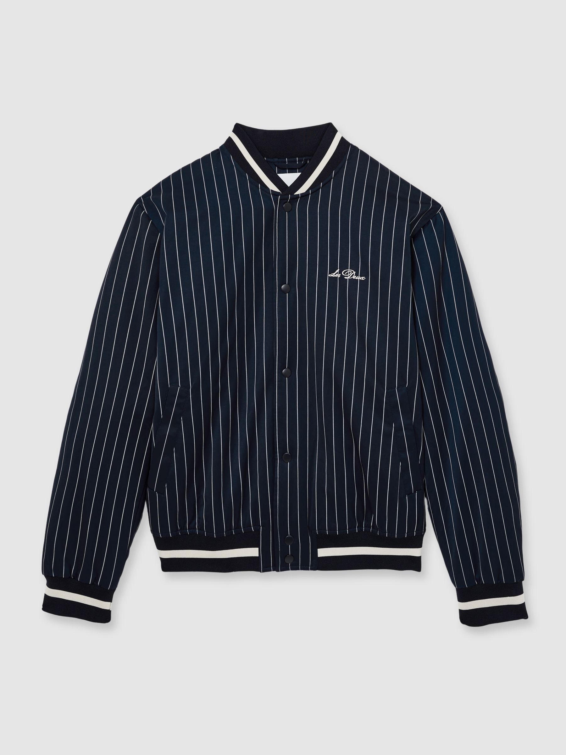 Les Deux Technical Varsity Jacket in Navy Stripe - Image 2 of 5