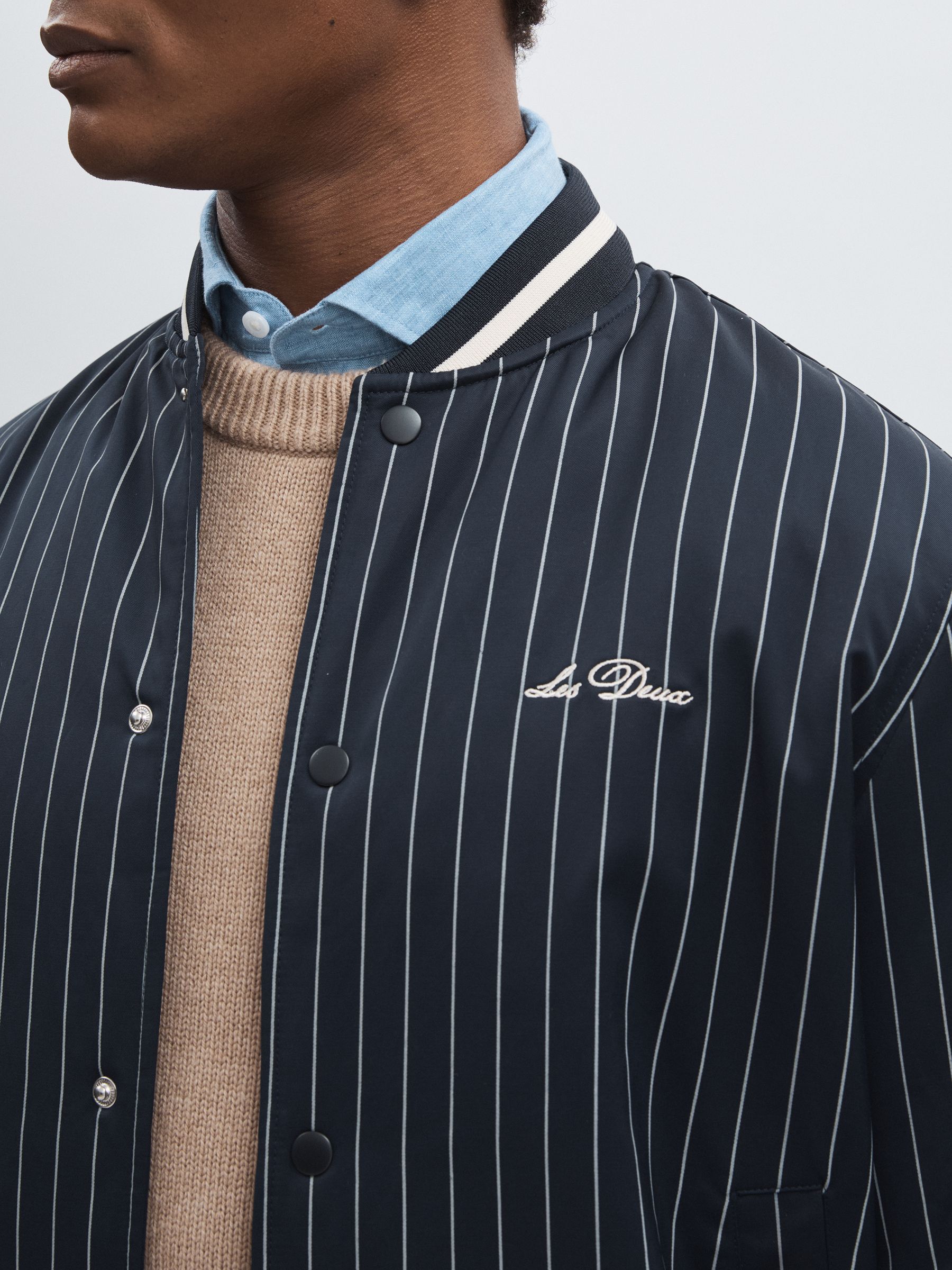 Les Deux Technical Varsity Jacket in Navy Stripe - Image 3 of 5