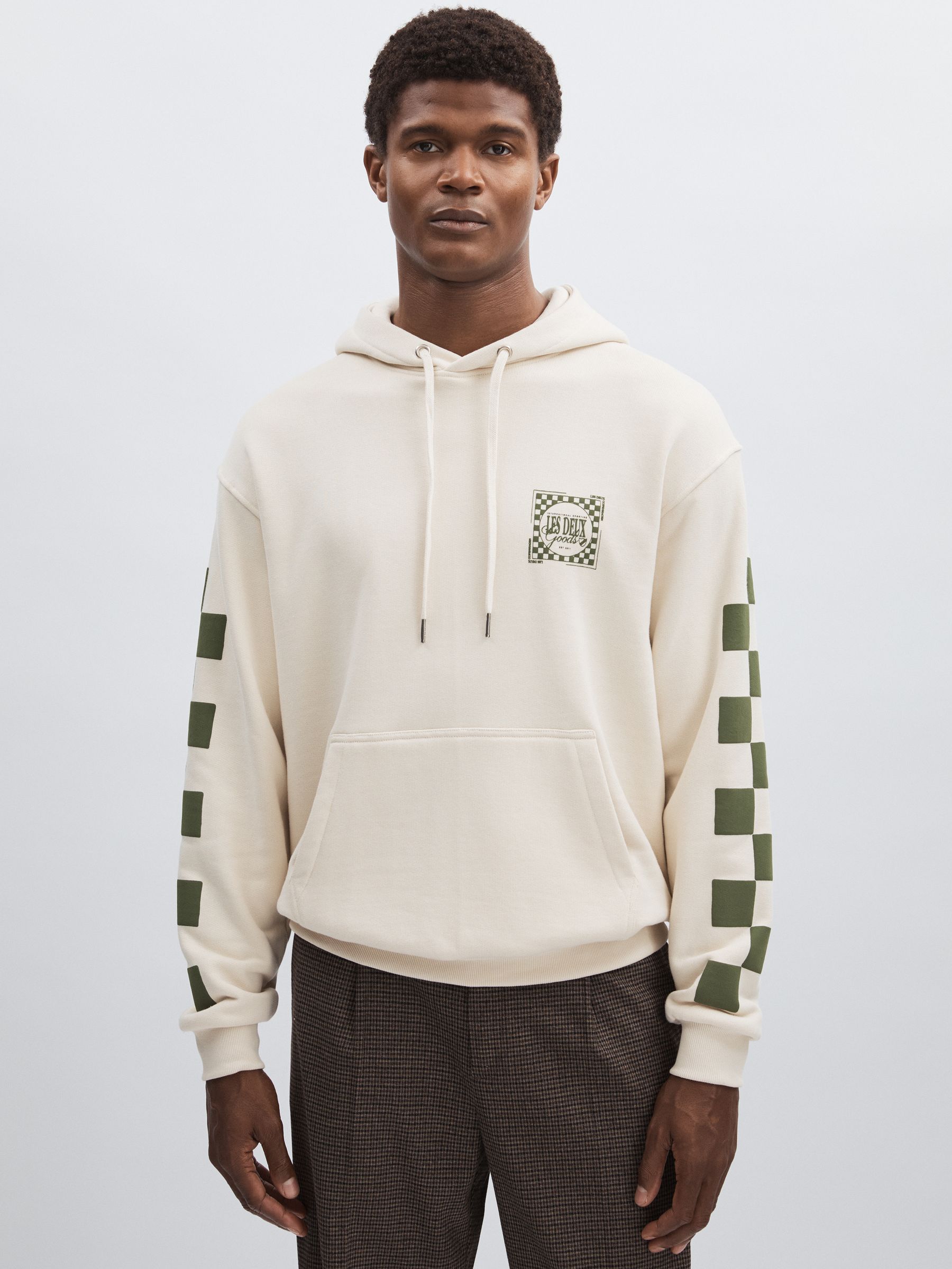 Les Deux 100% Cotton Goods Print Hoodie in Ivory/Green - Image 3 of 6