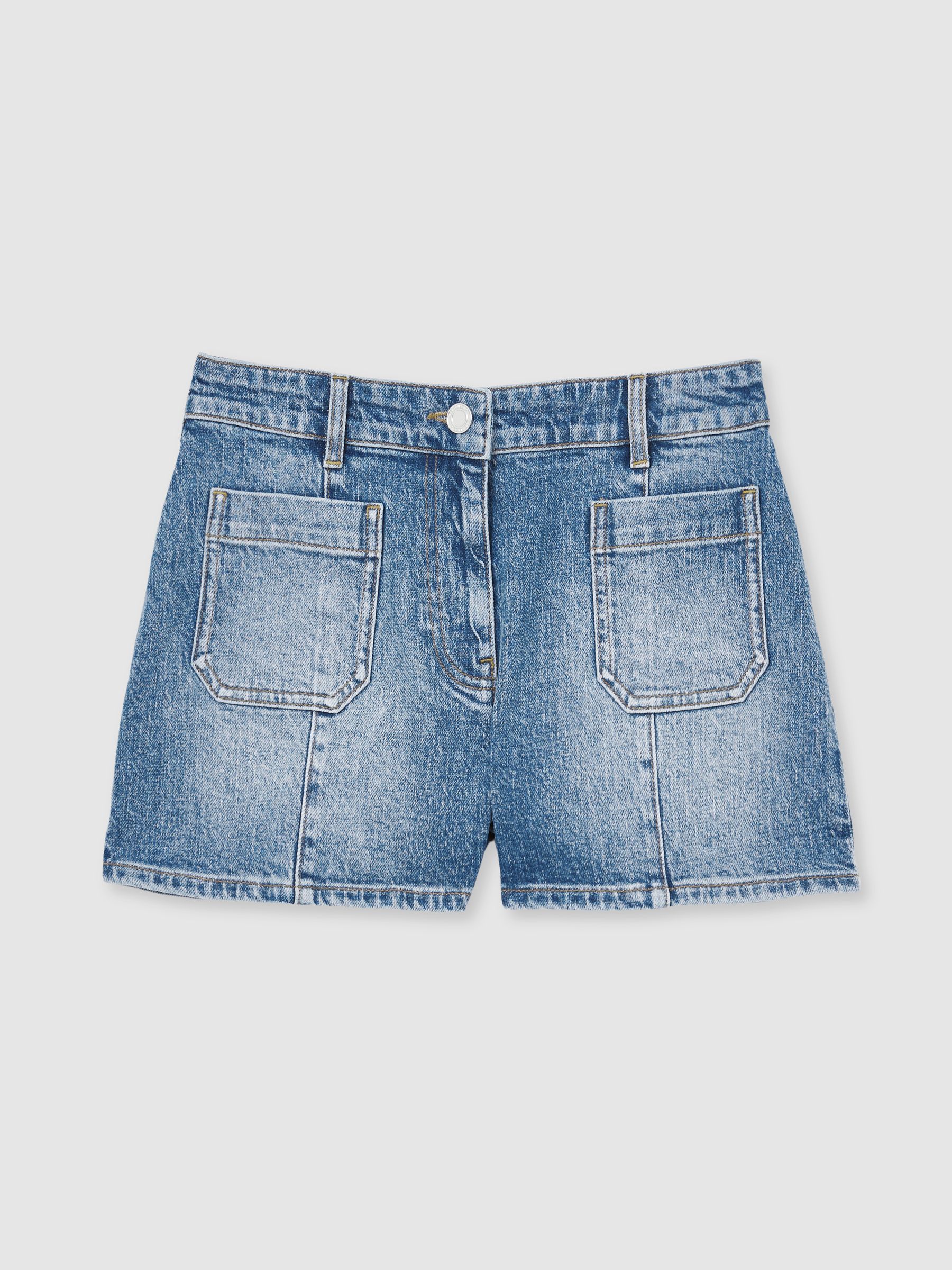 Mid-Rise Patch Pocket Denim Shorts in Mid Blue - Image 2 of 6