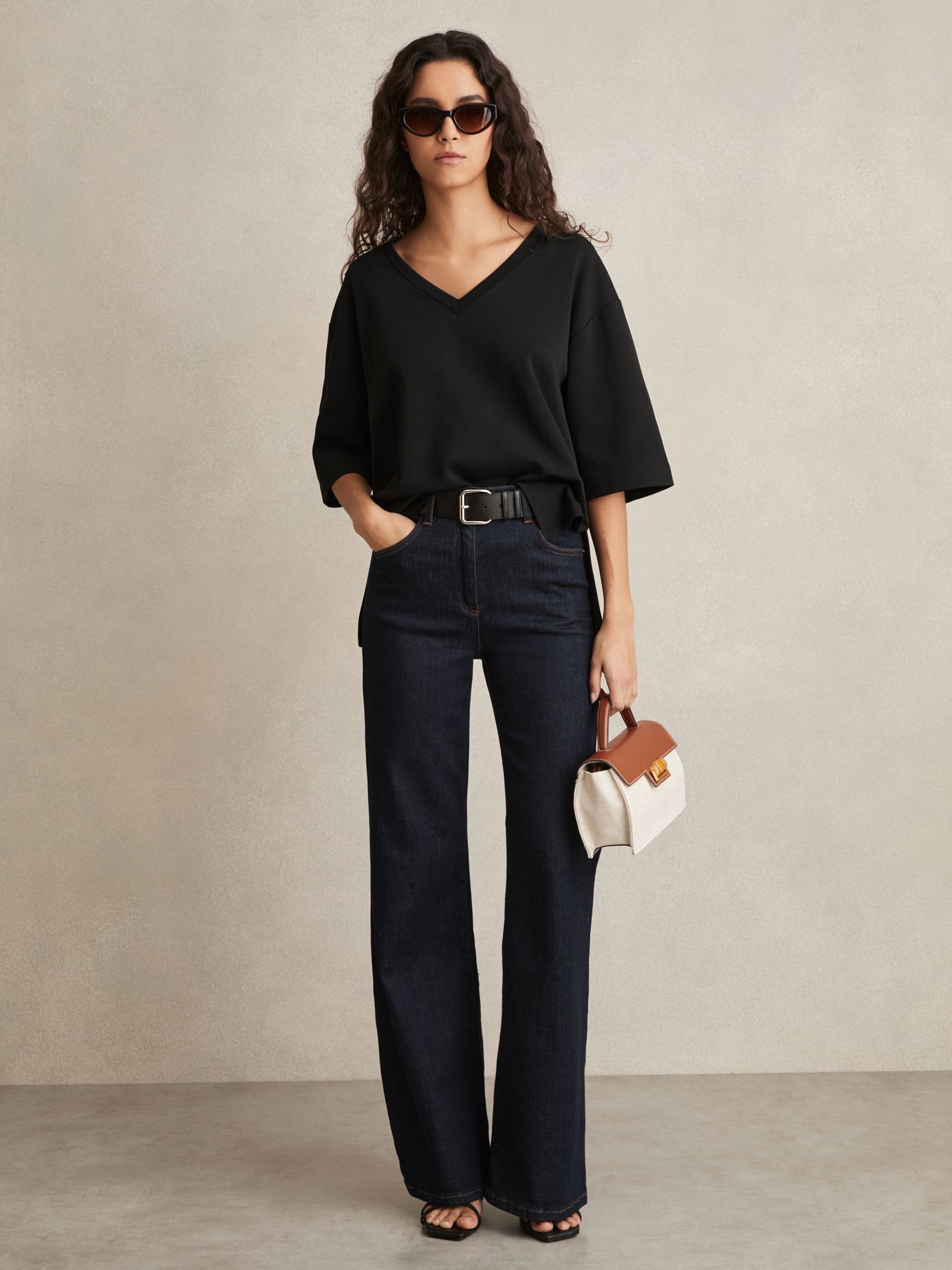Stretch-Cotton Oversized V-Neck T-Shirt in Black - Image 3 of 6