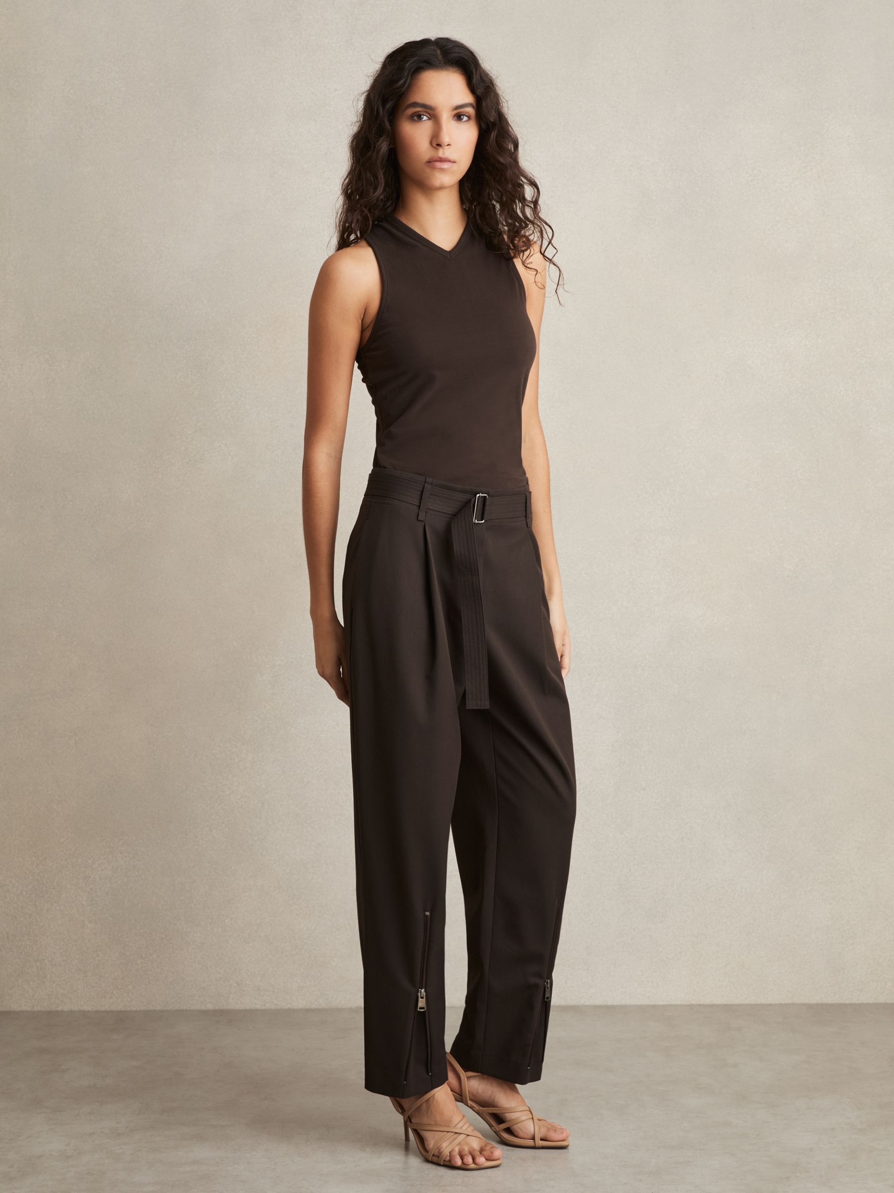 Belted Zip-Leg Tapered Trousers in Chocolate Brown - Image 1 of 6