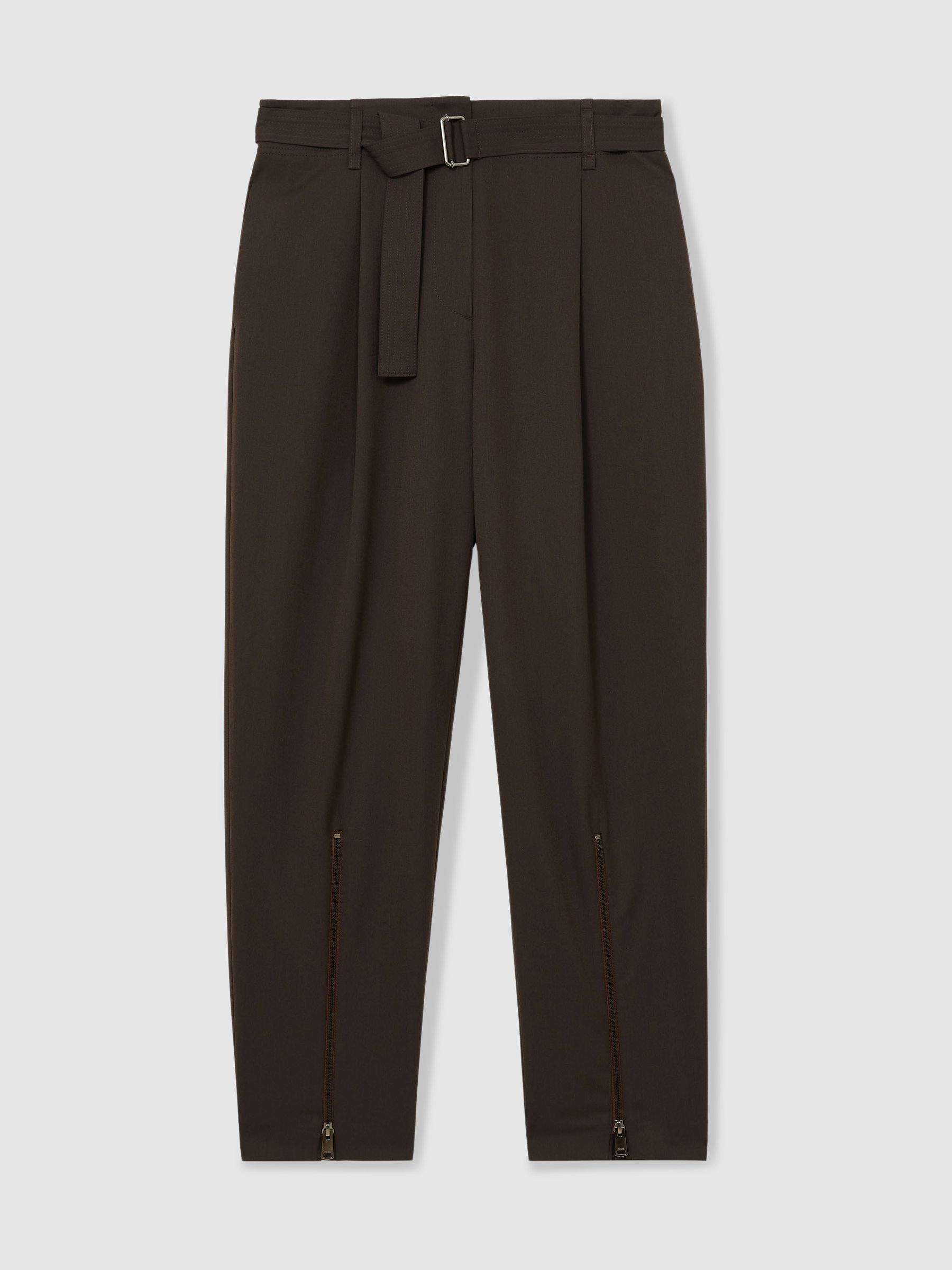 Belted Zip-Leg Tapered Trousers in Chocolate Brown - Image 2 of 6