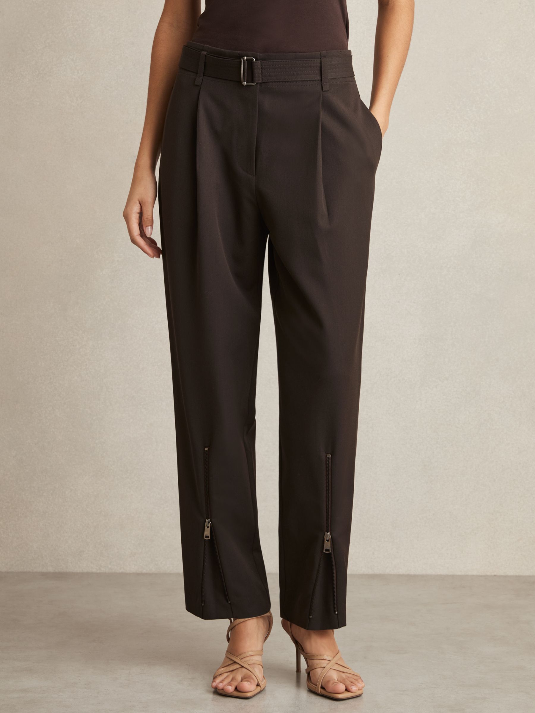 Belted Zip-Leg Tapered Trousers in Chocolate Brown - Image 3 of 6