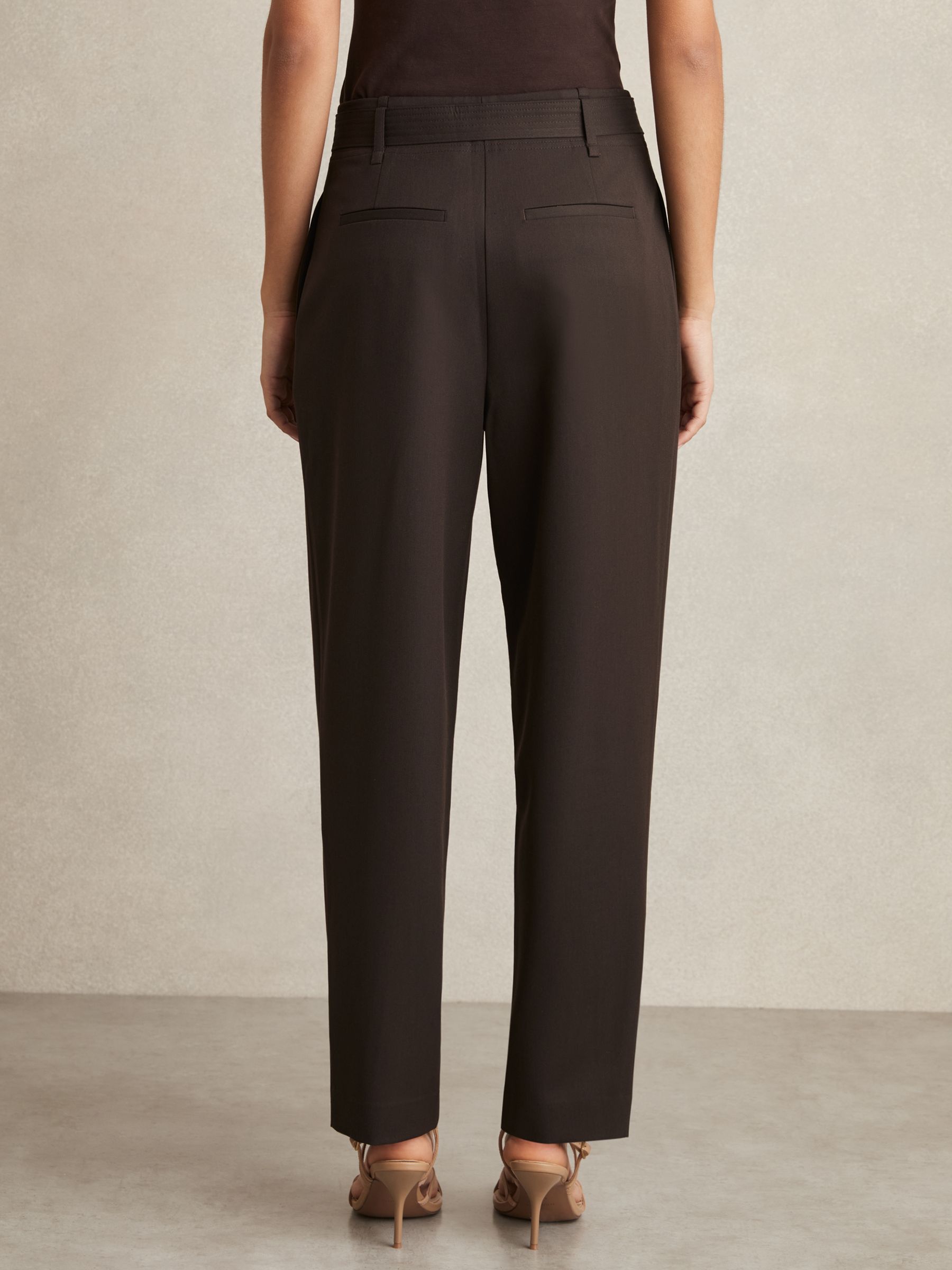 Belted Zip-Leg Tapered Trousers in Chocolate Brown - Image 4 of 6
