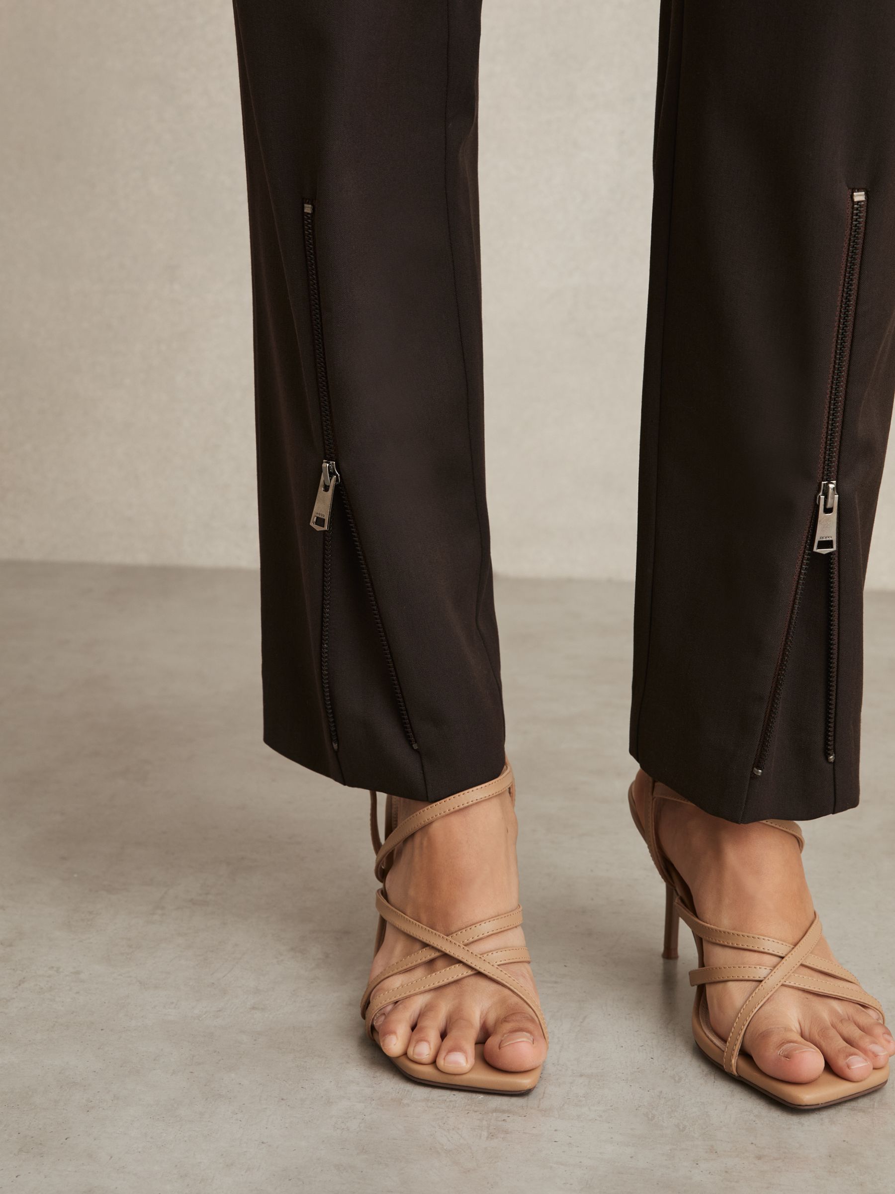 Belted Zip-Leg Tapered Trousers in Chocolate Brown - Image 5 of 6