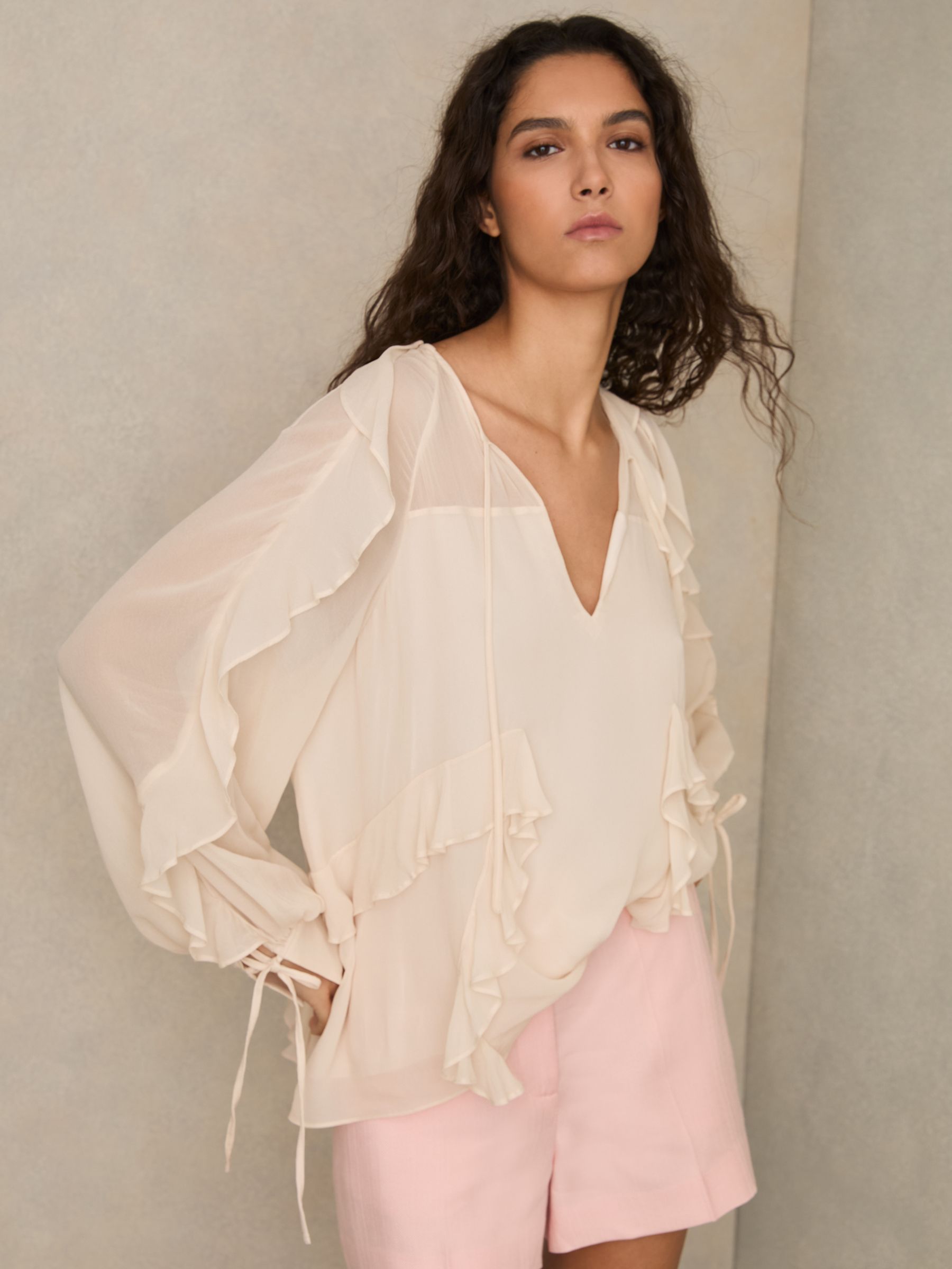 Ruffle Trim Tie Neck Top in Pale Pink - Image 3 of 7
