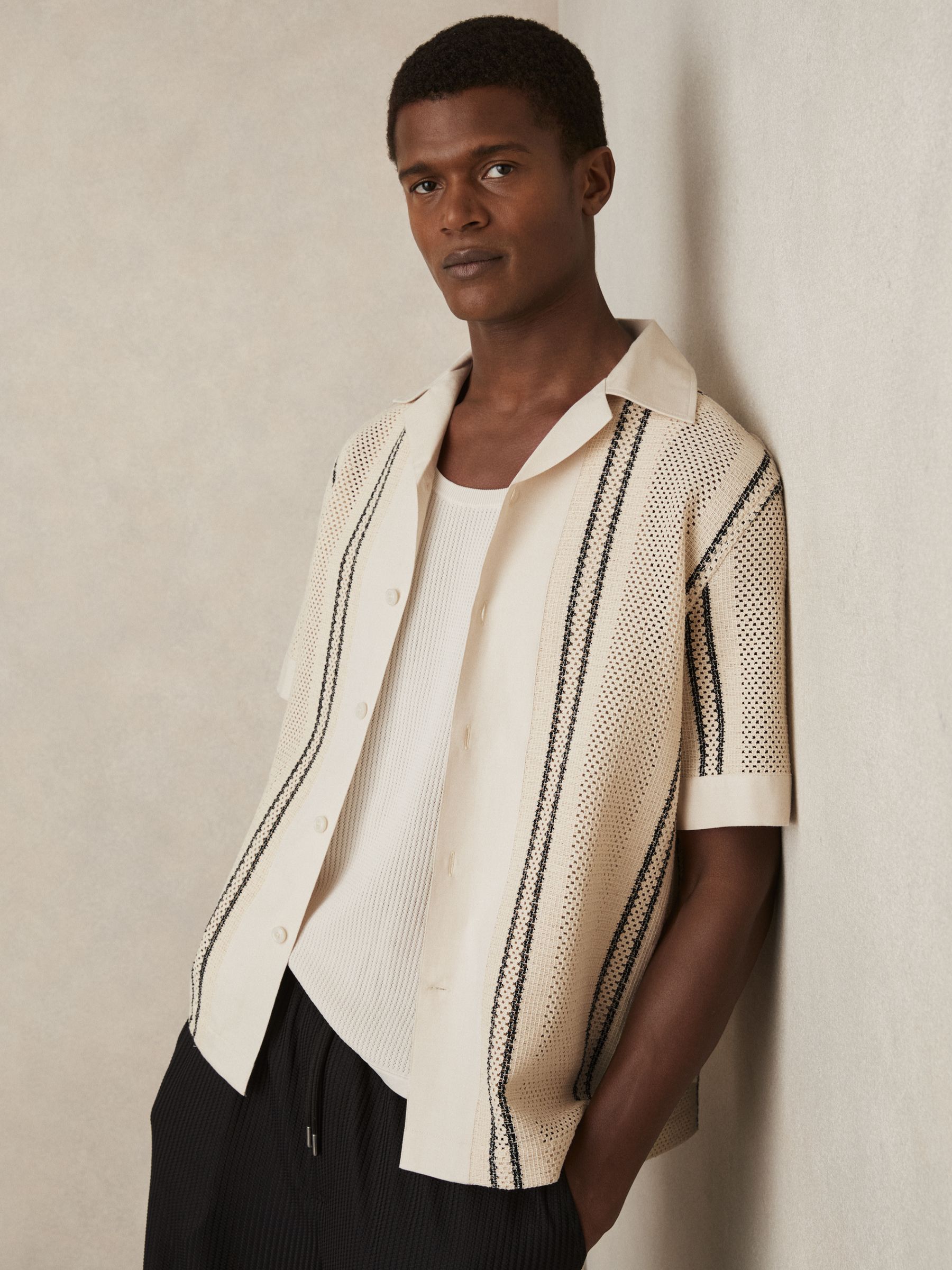 Crochet Stripe Cuban-Collar Shirt in Off White/Navy - Image 1 of 6
