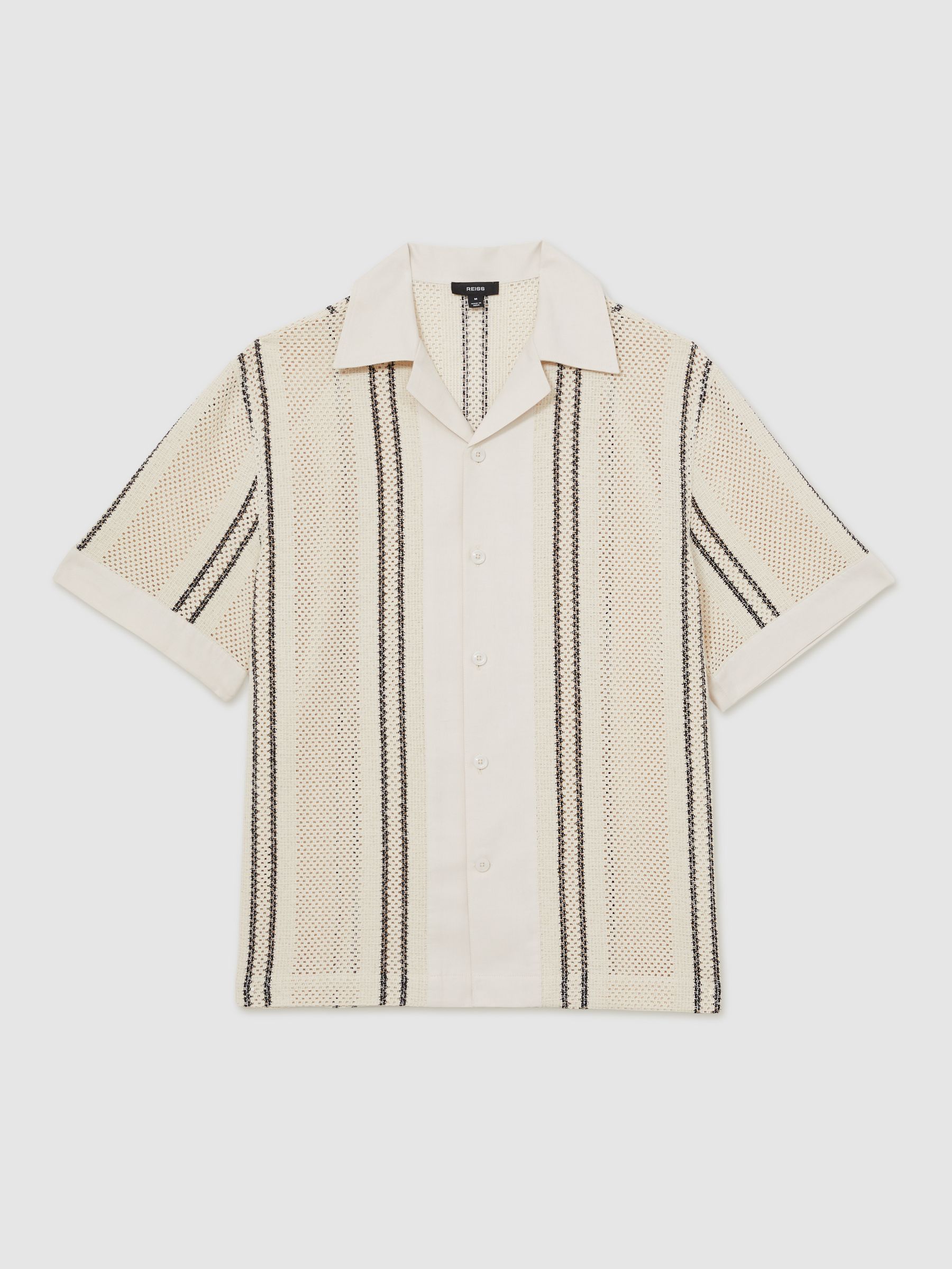Crochet Stripe Cuban-Collar Shirt in Off White/Navy - Image 2 of 6