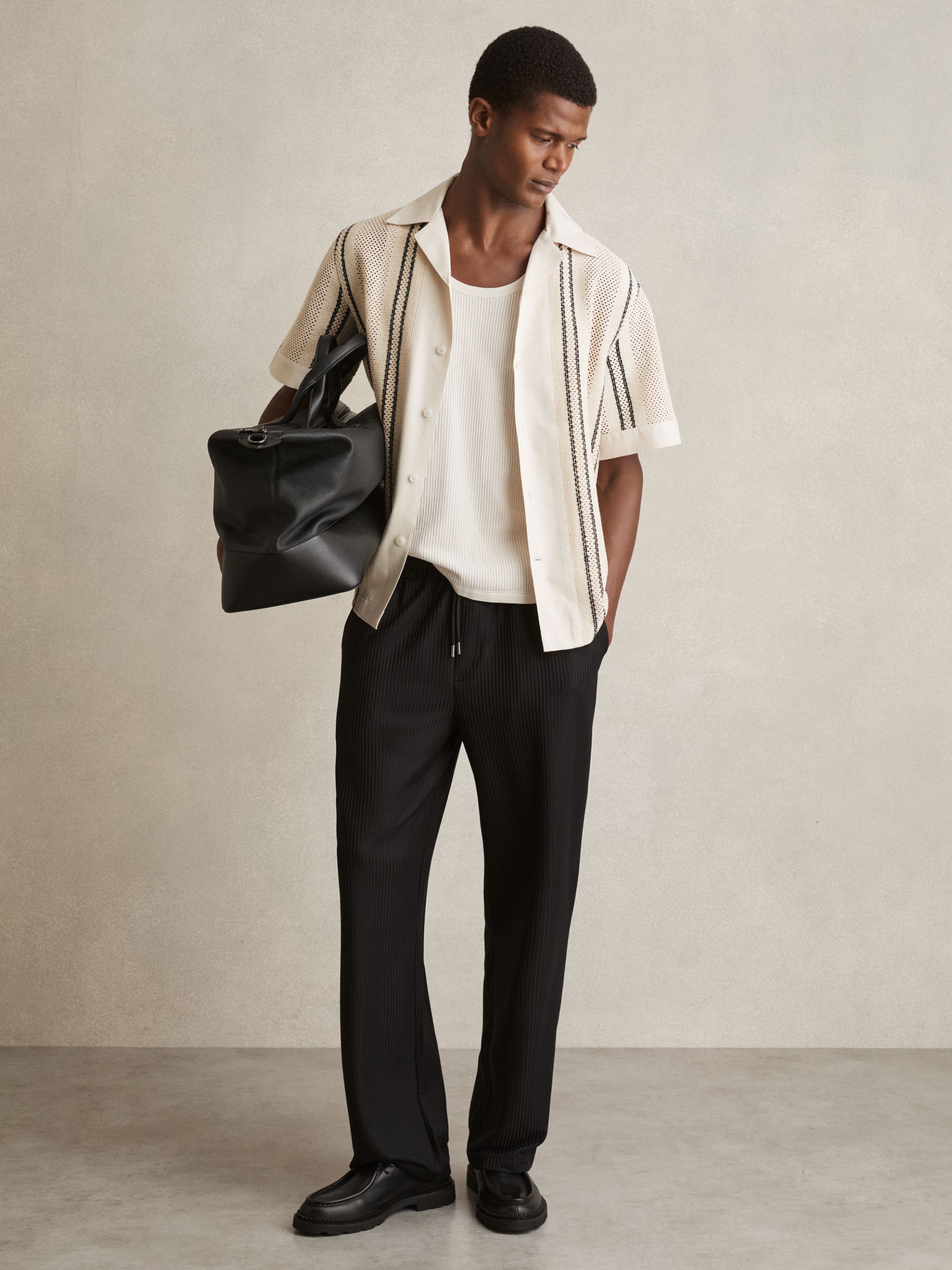 Crochet Stripe Cuban-Collar Shirt in Off White/Navy - Image 3 of 6