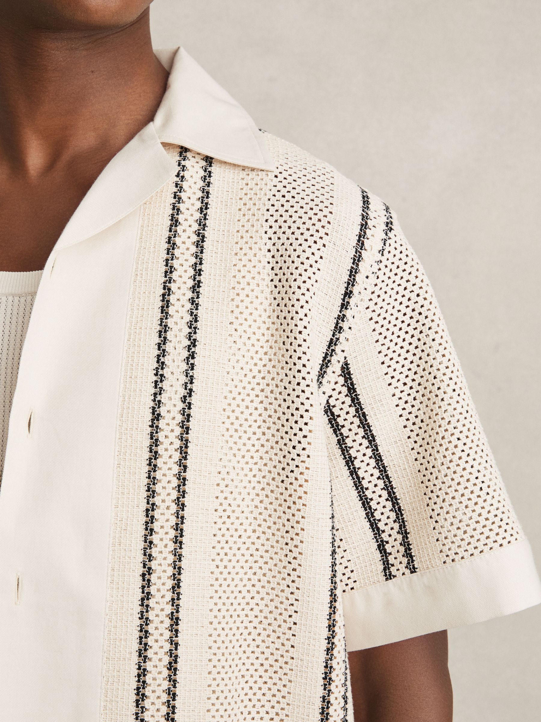 Crochet Stripe Cuban-Collar Shirt in Off White/Navy - Image 4 of 6
