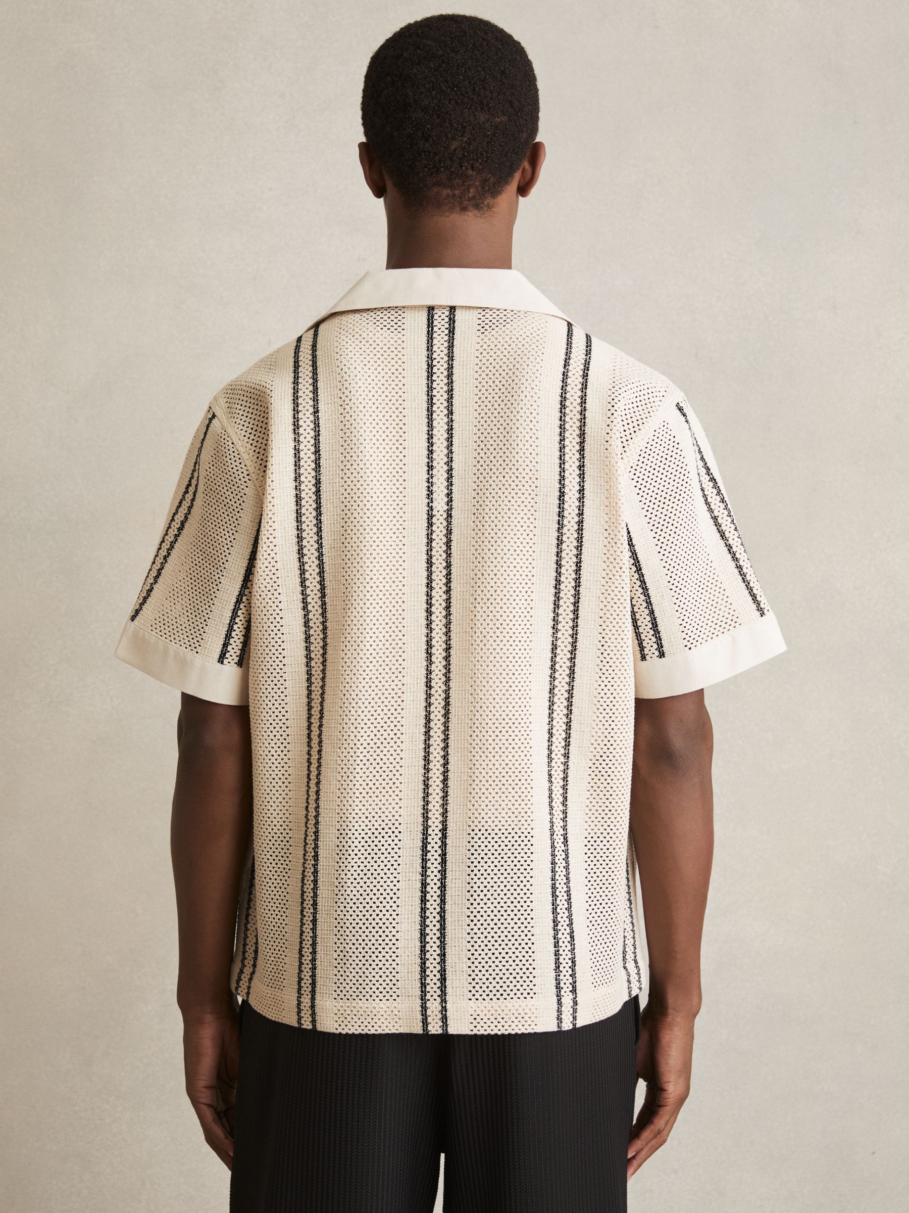 Crochet Stripe Cuban-Collar Shirt in Off White/Navy - Image 5 of 6