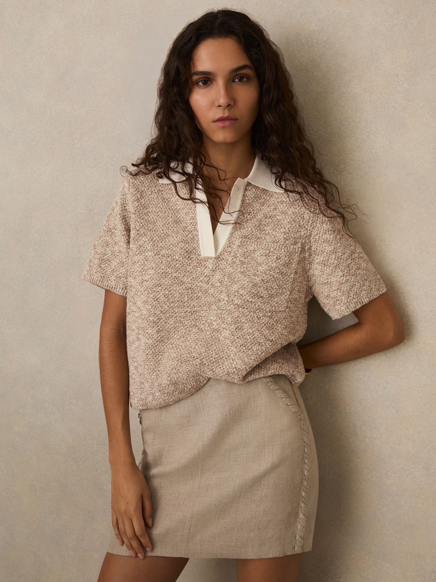 Cotton-Blend Knit Polo Shirt in Neutral - Image 1 of 6