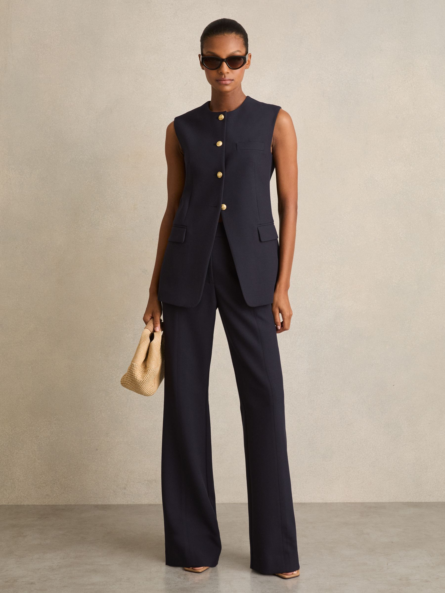 High-Neck Longline Waistcoat in Navy - Image 1 of 7