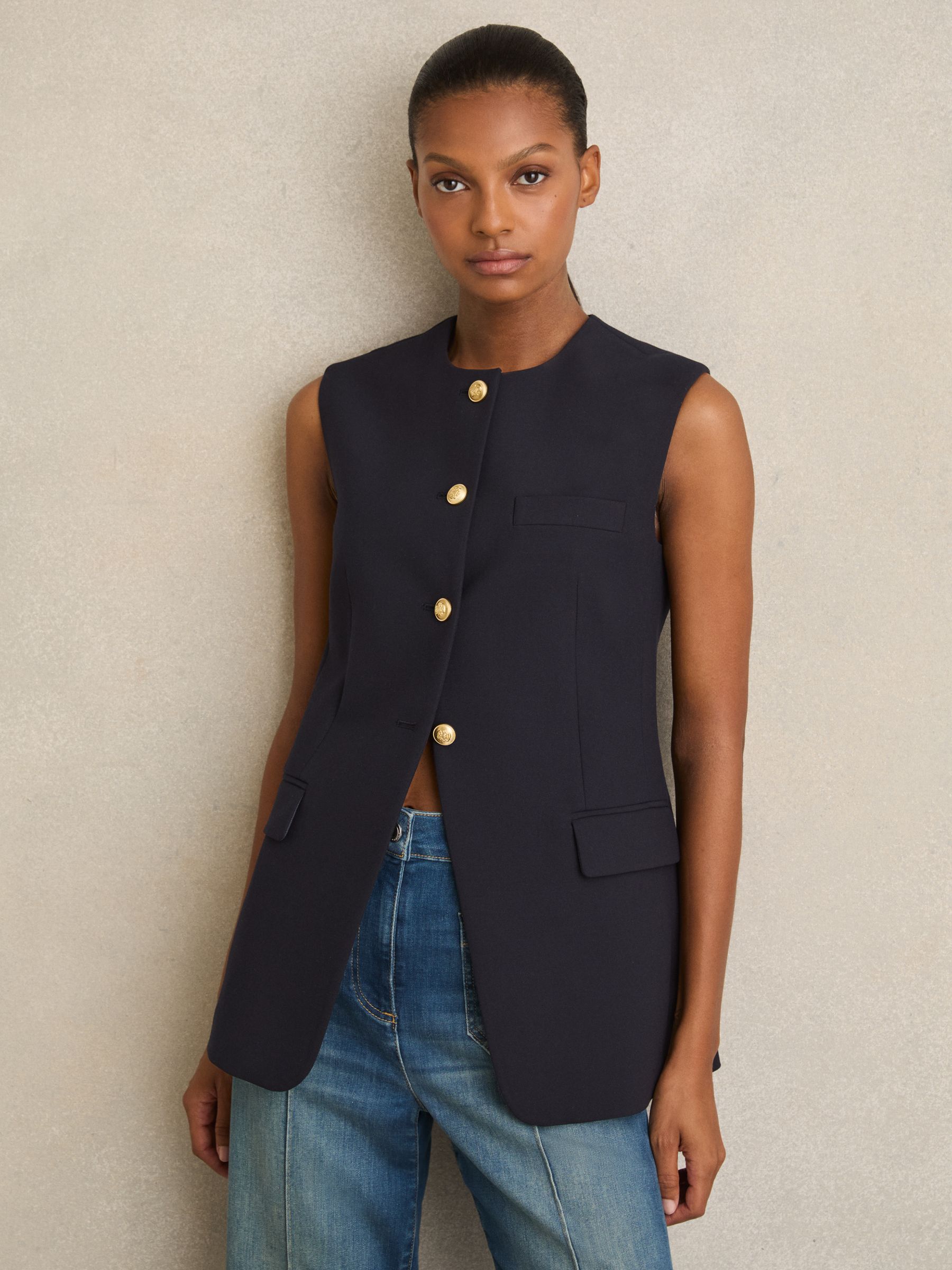 High-Neck Longline Waistcoat in Navy - Image 3 of 7