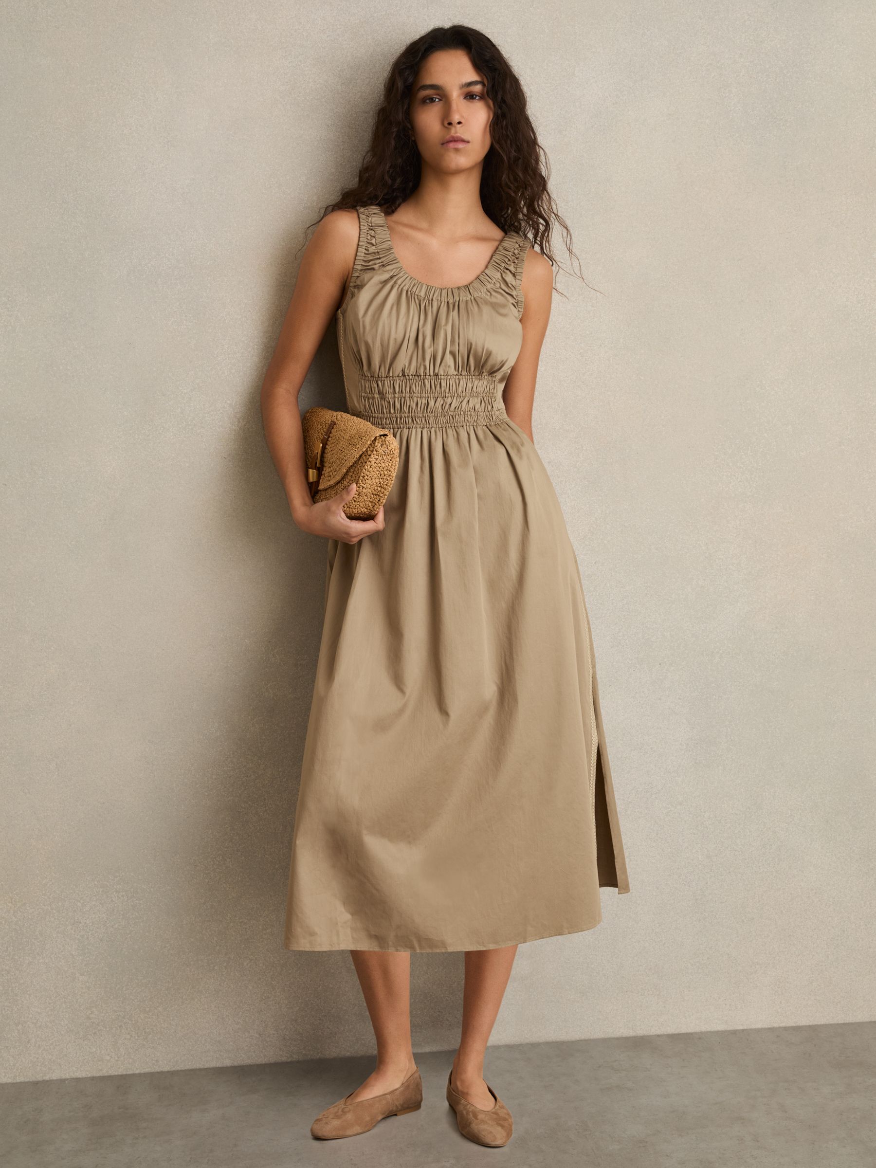 Petite Cotton Craft-Stitch Shirred Midi Dress in Khaki - Image 1 of 6