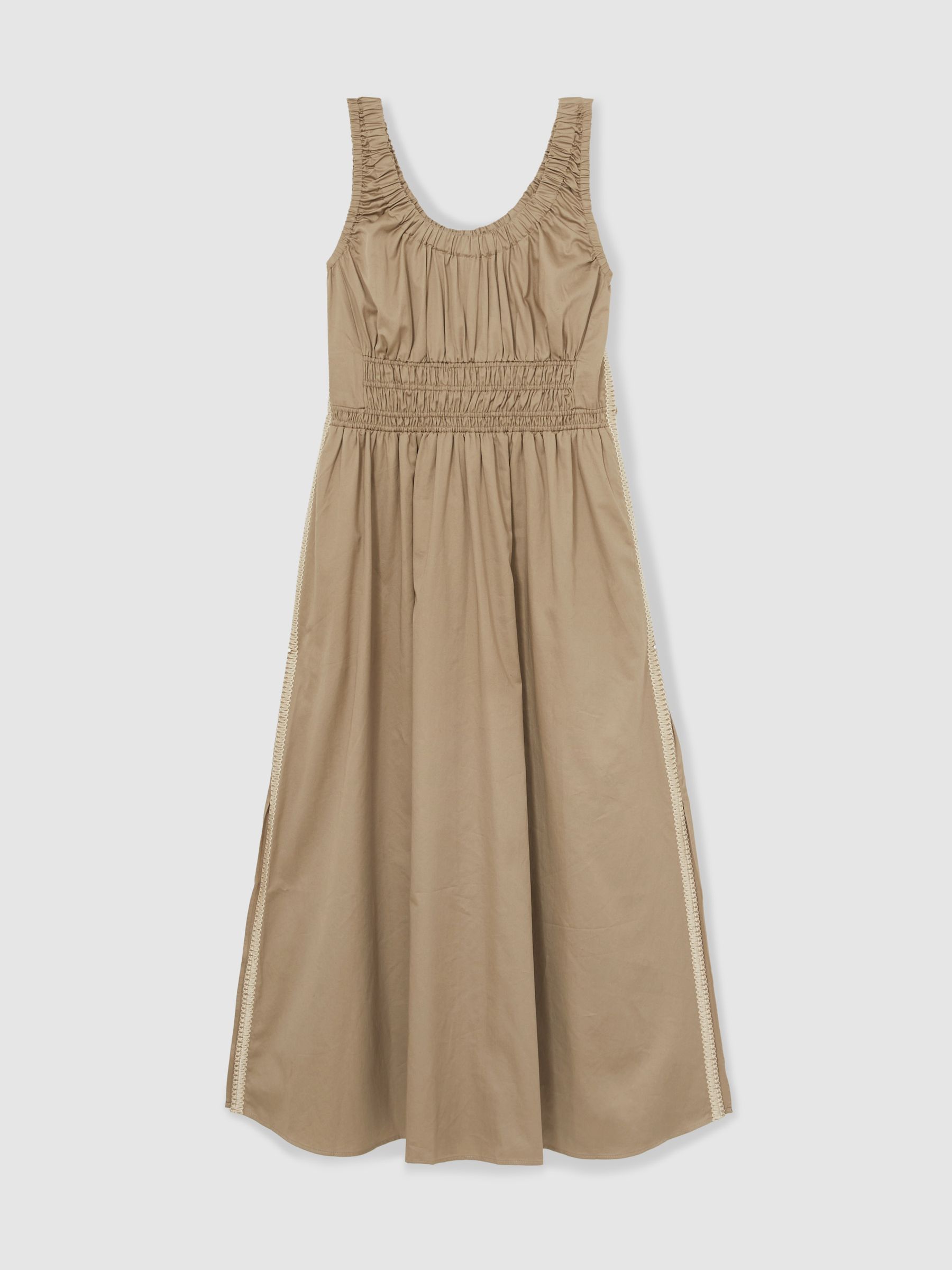 Petite Cotton Craft-Stitch Shirred Midi Dress in Khaki - Image 2 of 6