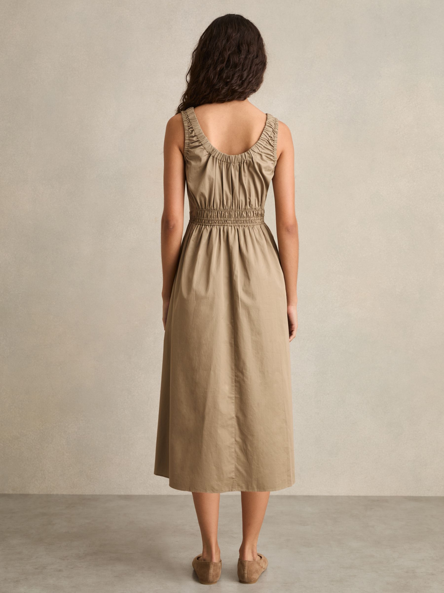 Petite Cotton Craft-Stitch Shirred Midi Dress in Khaki - Image 4 of 6