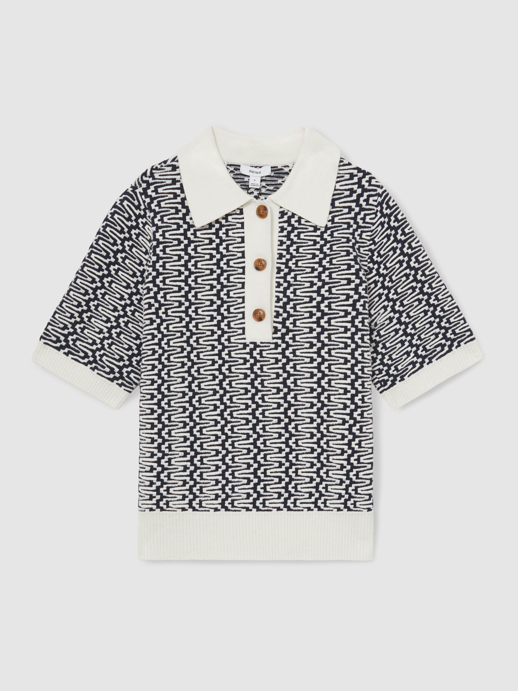 Reiss Zig-Zag Knit Polo Shirt in Blue/Ivory - REISS