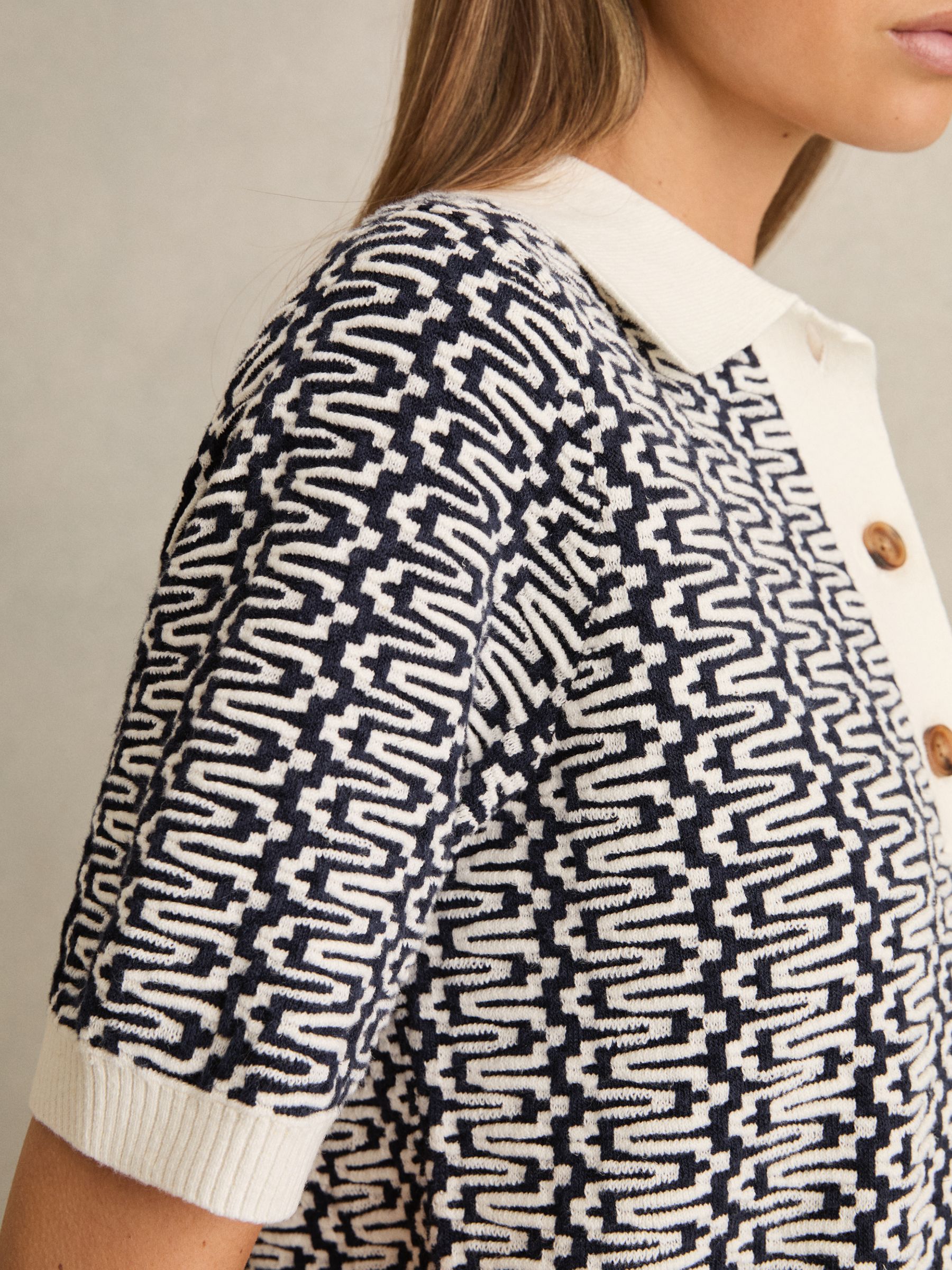 Zig-Zag Knit Polo Shirt in Blue/Ivory - Image 4 of 6