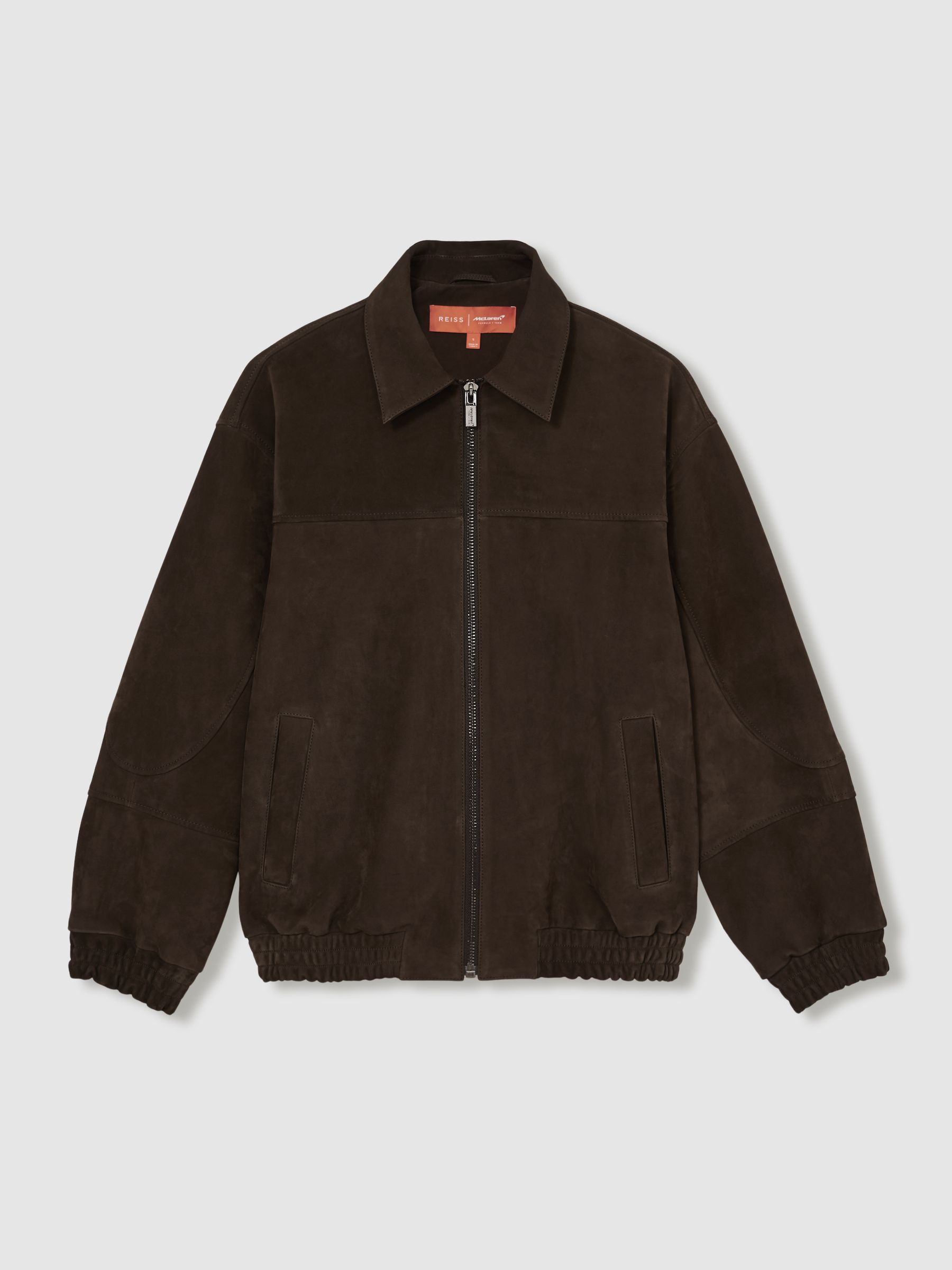 McLaren F1 Team Suede Bomber Jacket in Chocolate Brown - Image 2 of 9