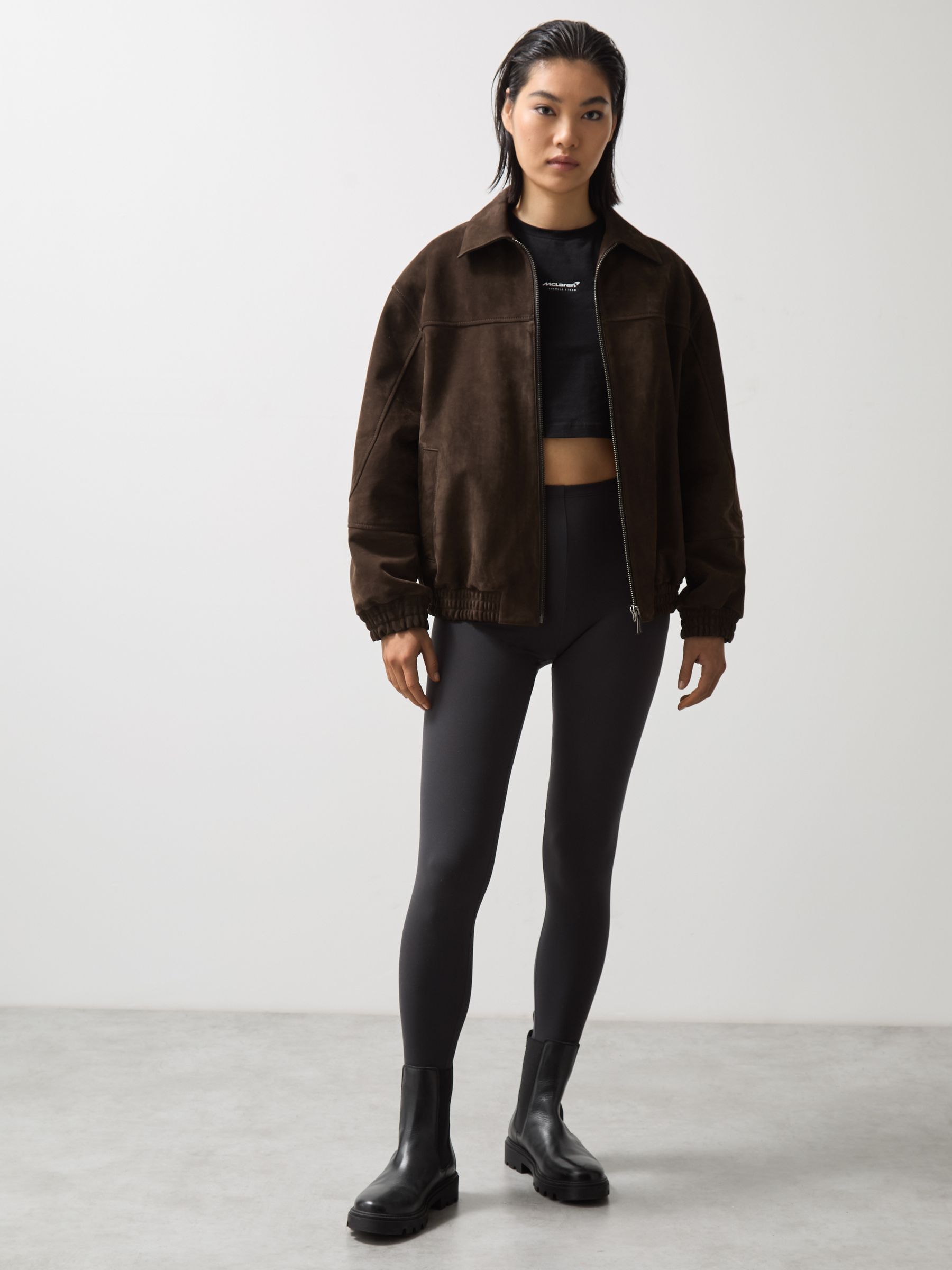 McLaren F1 Team Suede Bomber Jacket in Chocolate Brown - Image 3 of 9