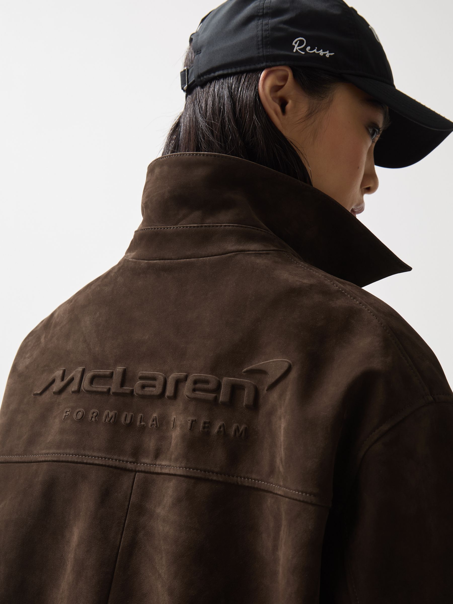 McLaren F1 Team Suede Bomber Jacket in Chocolate Brown - Image 4 of 9