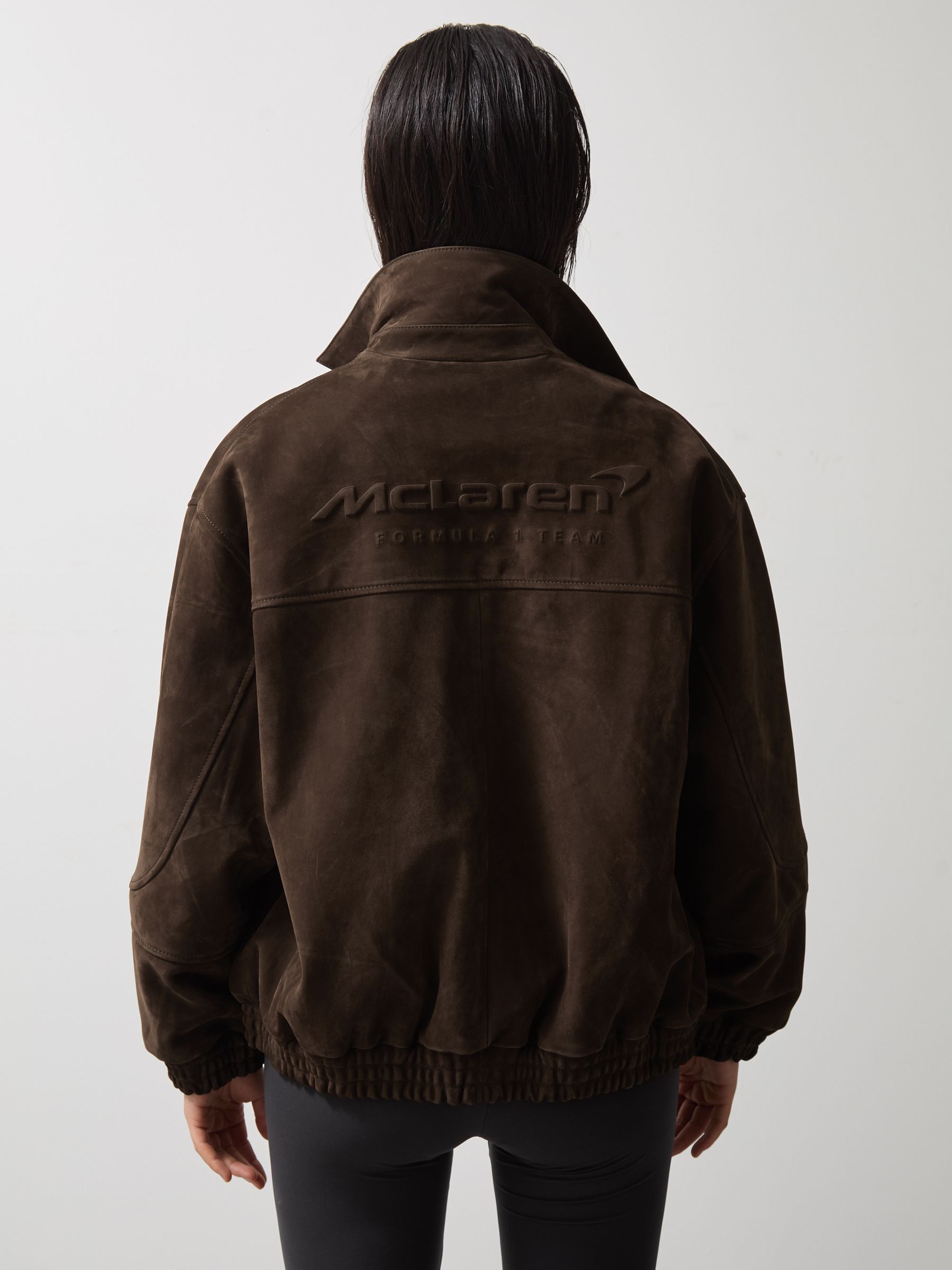 McLaren F1 Team Suede Bomber Jacket in Chocolate Brown - Image 6 of 9
