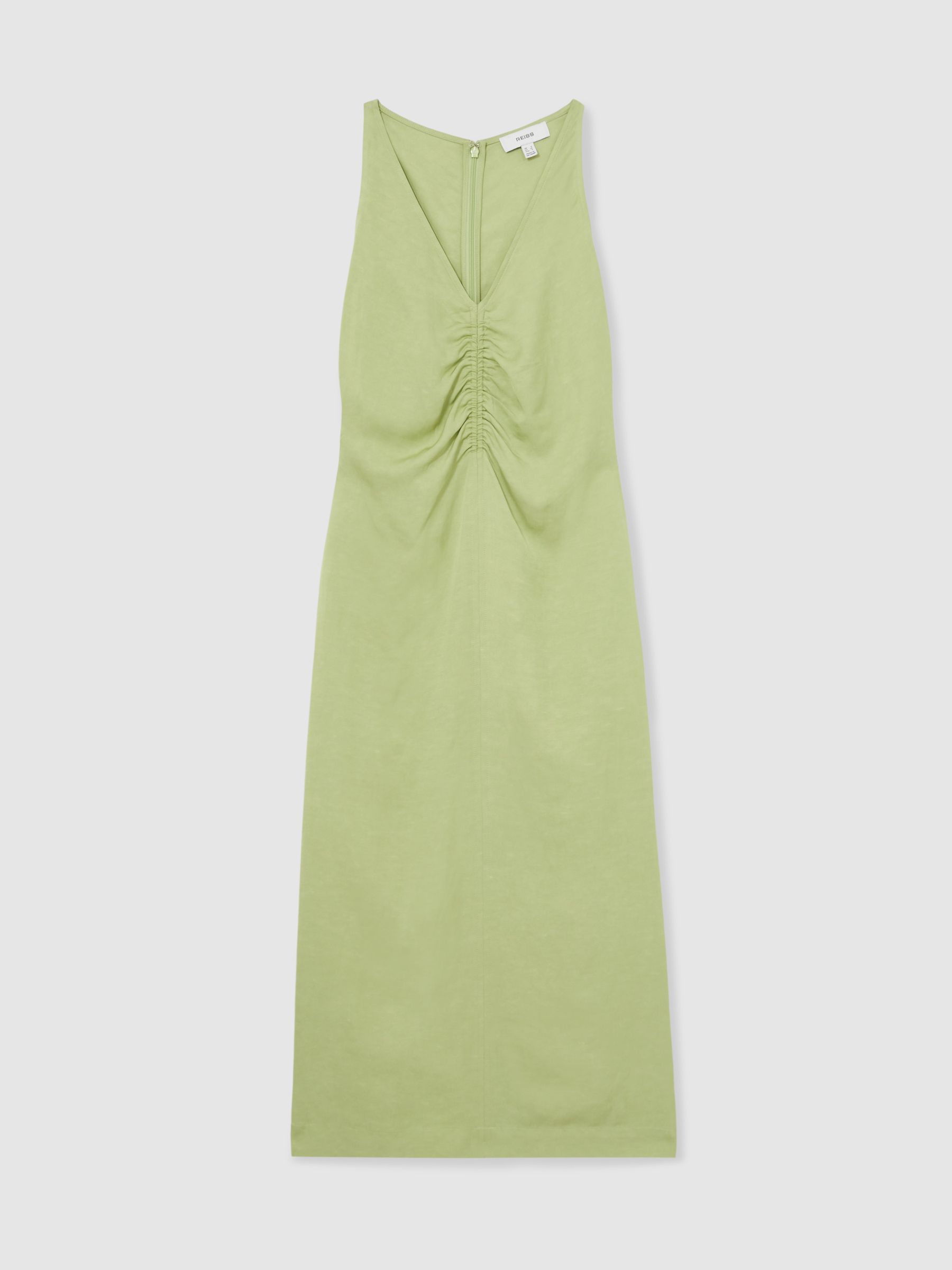 Petite Ruched Sleeveless Midi Dress With Linen in Green - Image 2 of 7