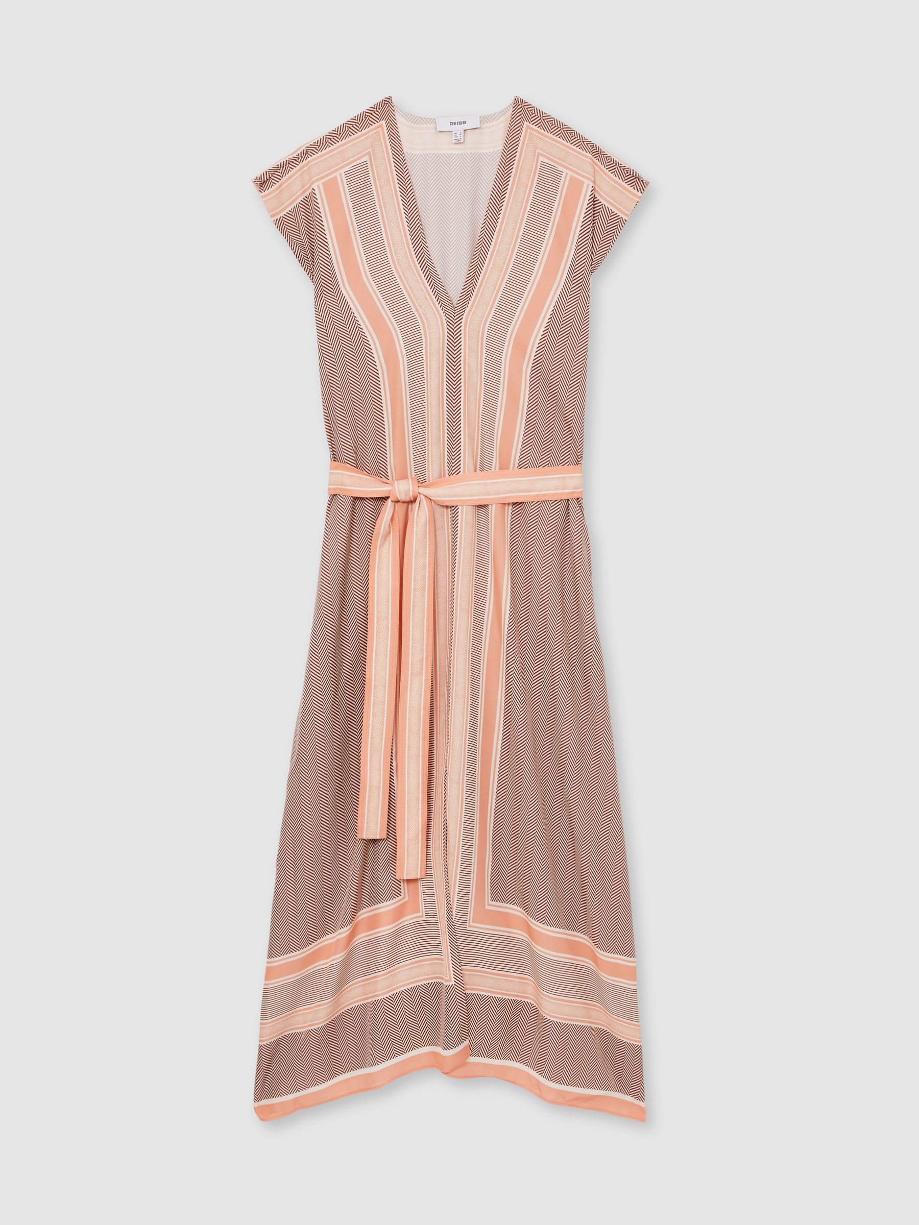 Scarf Print Belted Midi Dress in Coral - Image 2 of 6