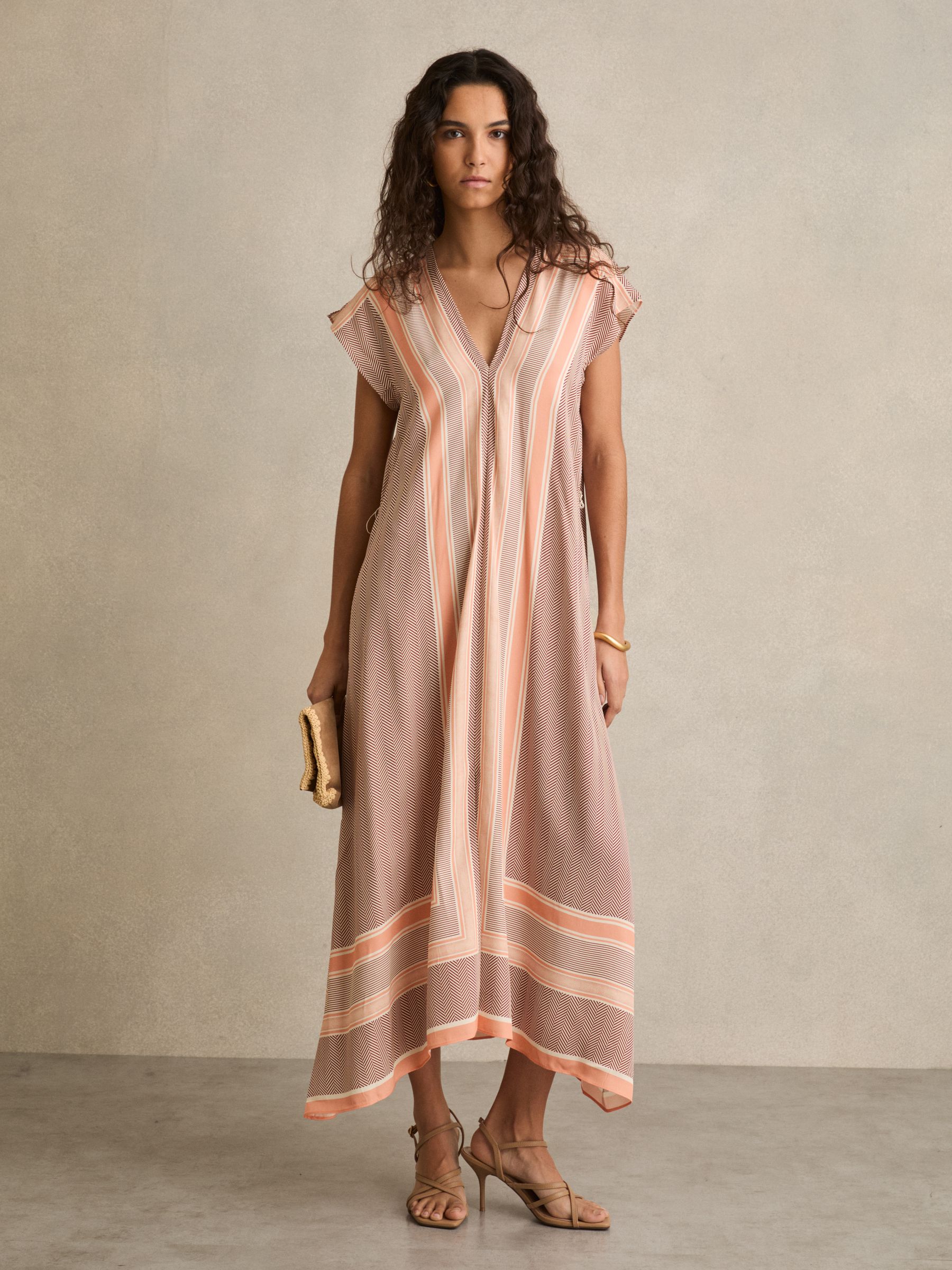 Scarf Print Belted Midi Dress in Coral - Image 3 of 6