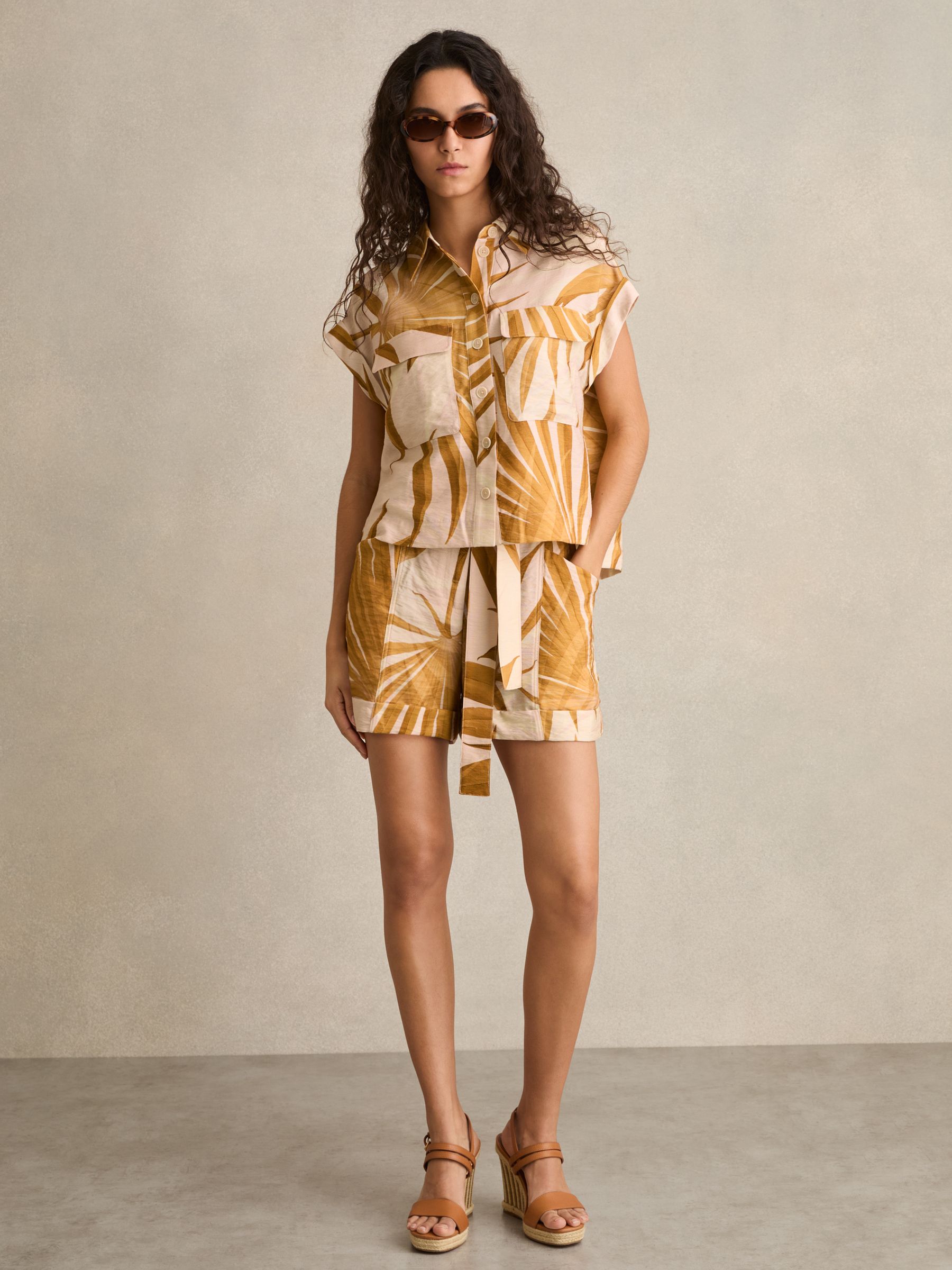 Palm Print Belted Shorts in Neutral - Image 3 of 6