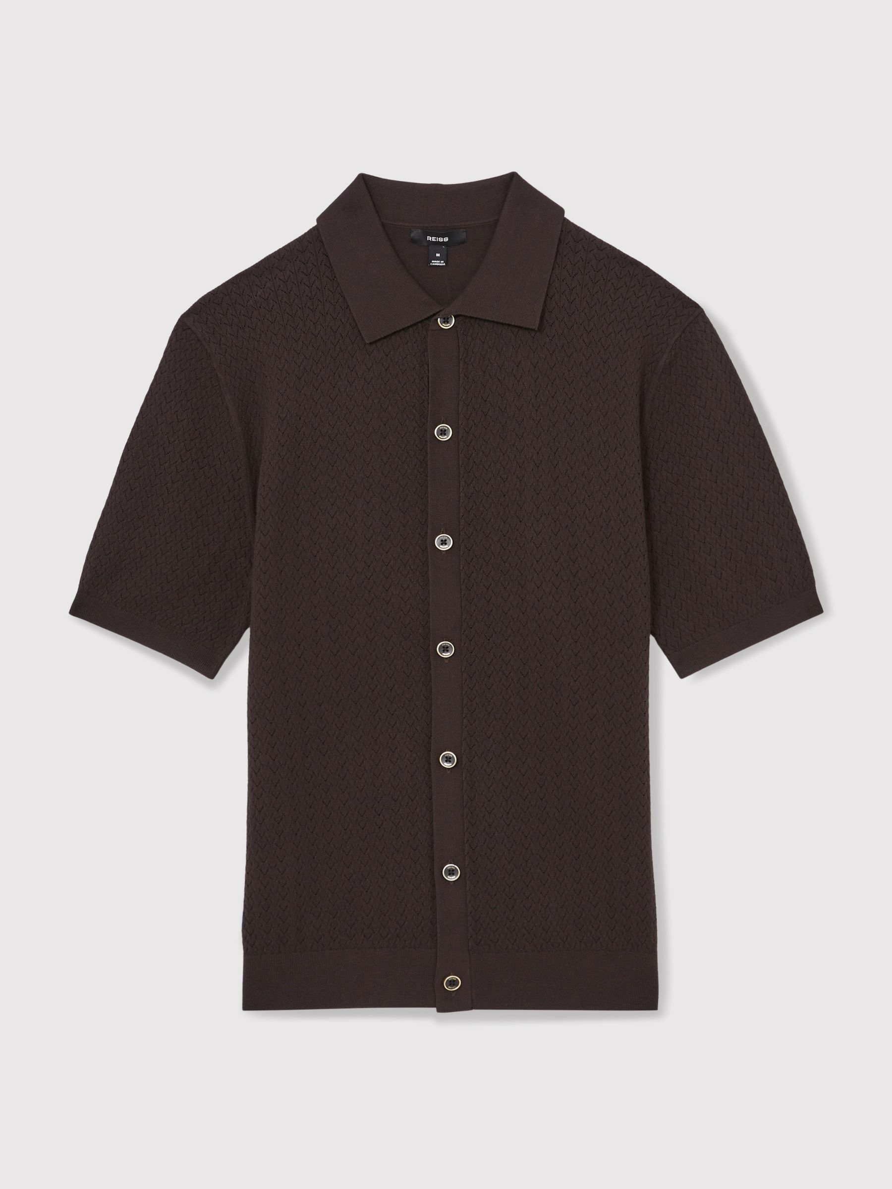 Textured Knit Button-Through Shirt in Chocolate Brown - Image 2 of 6