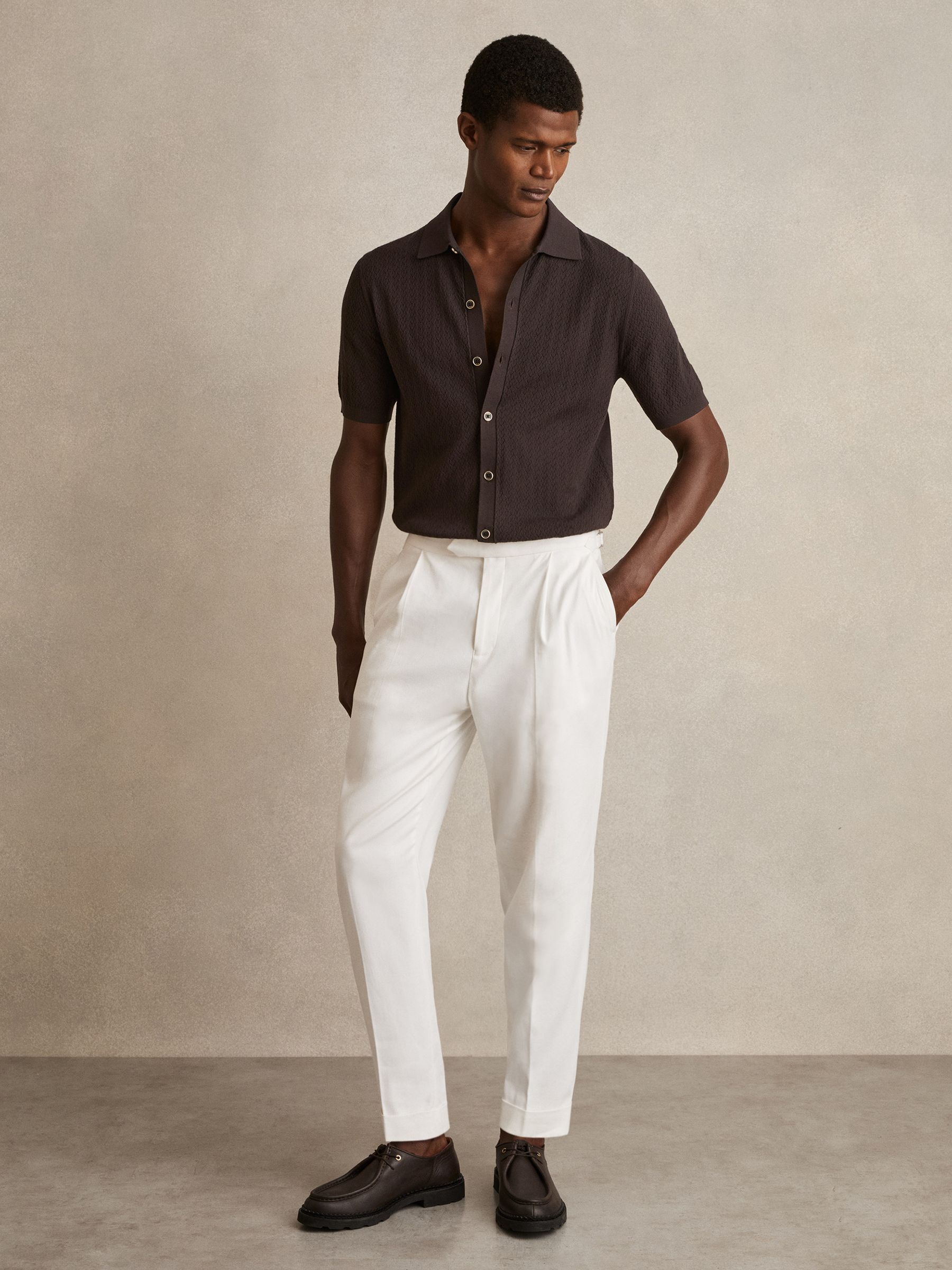 Textured Knit Button-Through Shirt in Chocolate Brown - Image 3 of 6