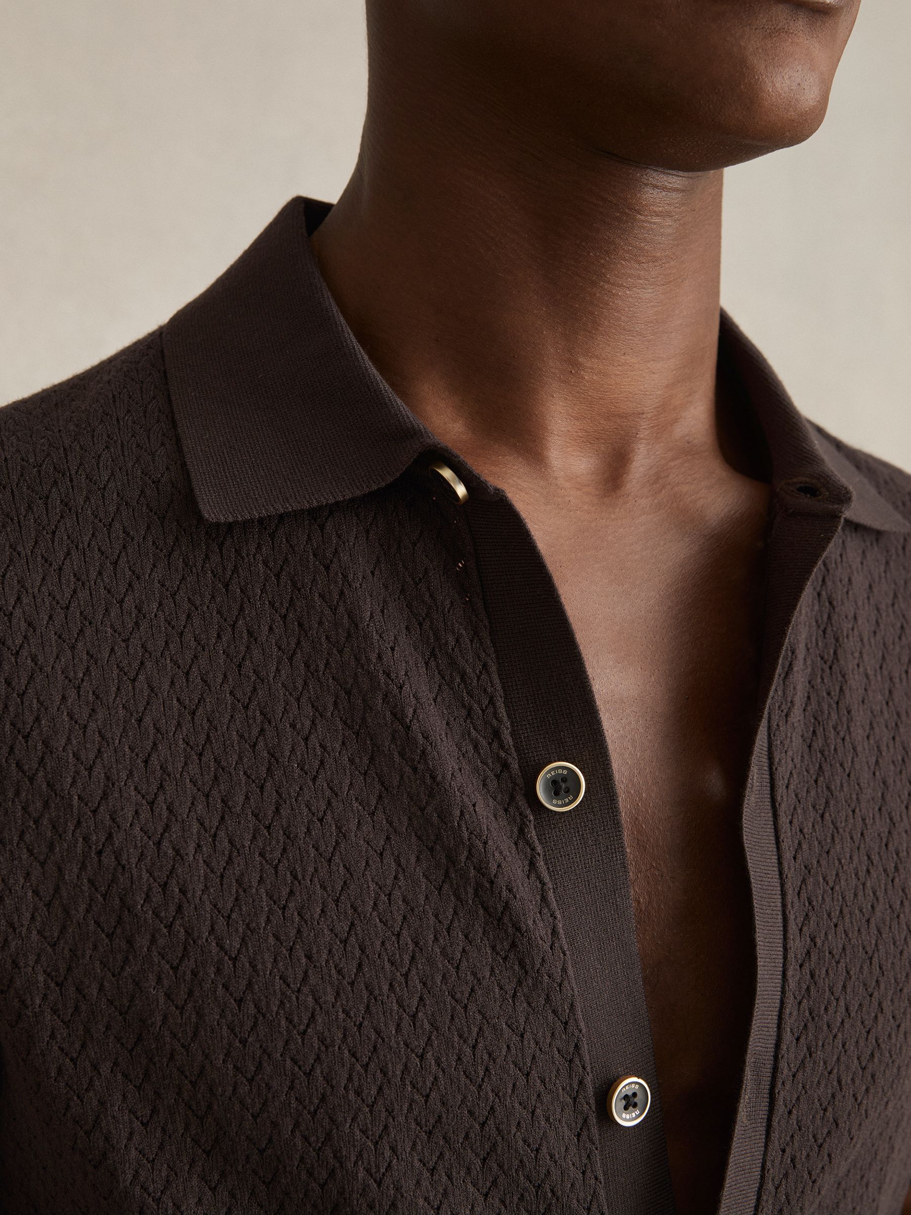 Textured Knit Button-Through Shirt in Chocolate Brown - Image 4 of 6