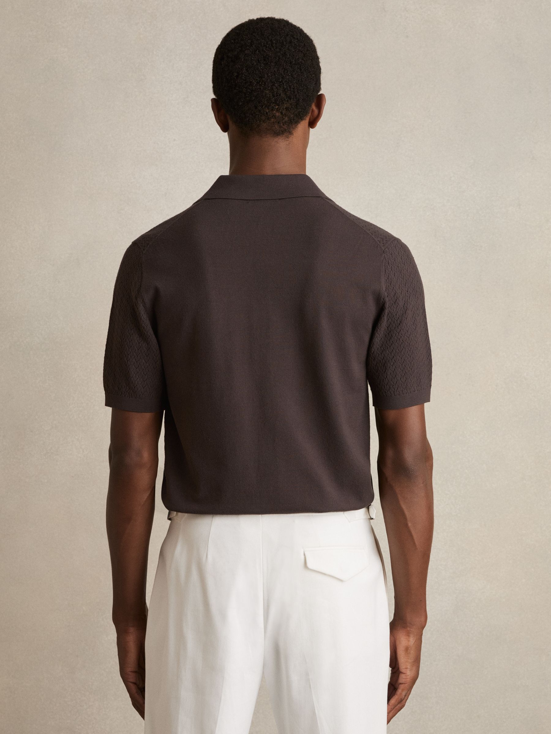 Textured Knit Button-Through Shirt in Chocolate Brown - Image 5 of 6