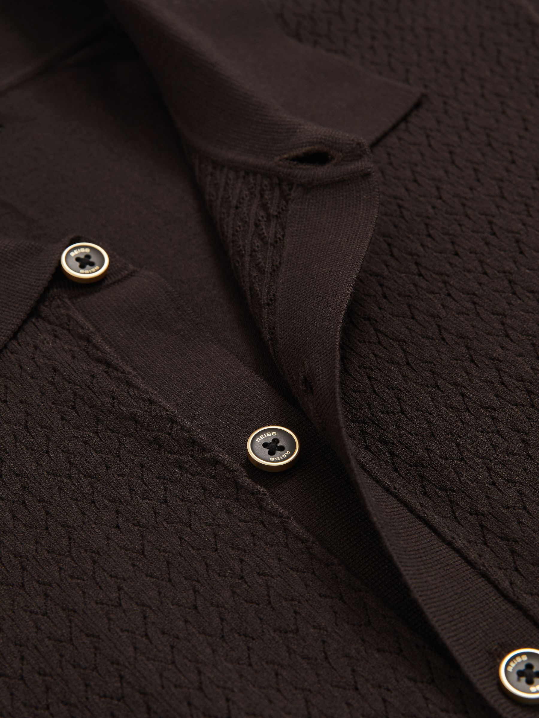 Textured Knit Button-Through Shirt in Chocolate Brown - Image 6 of 6