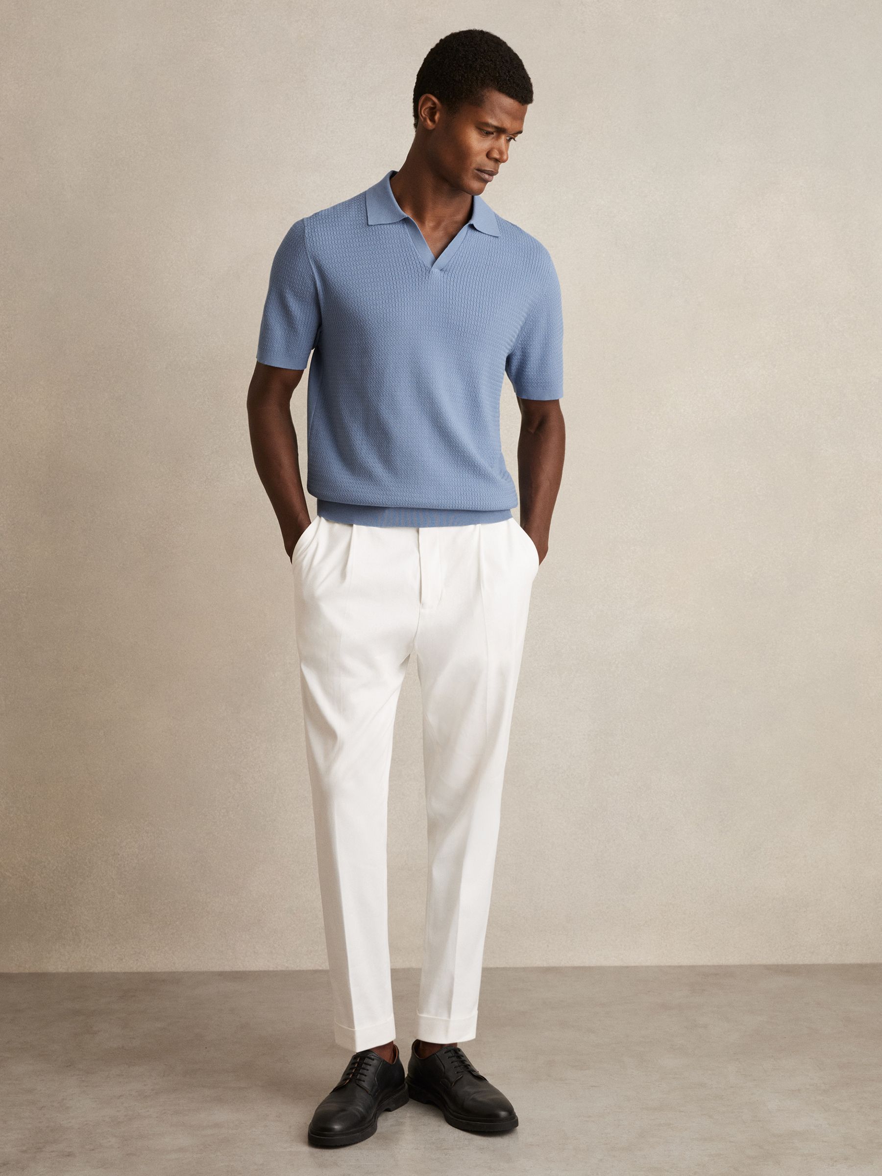 Reiss Open-Collar Knit Polo Shirt in Cornflower Blue | REISS