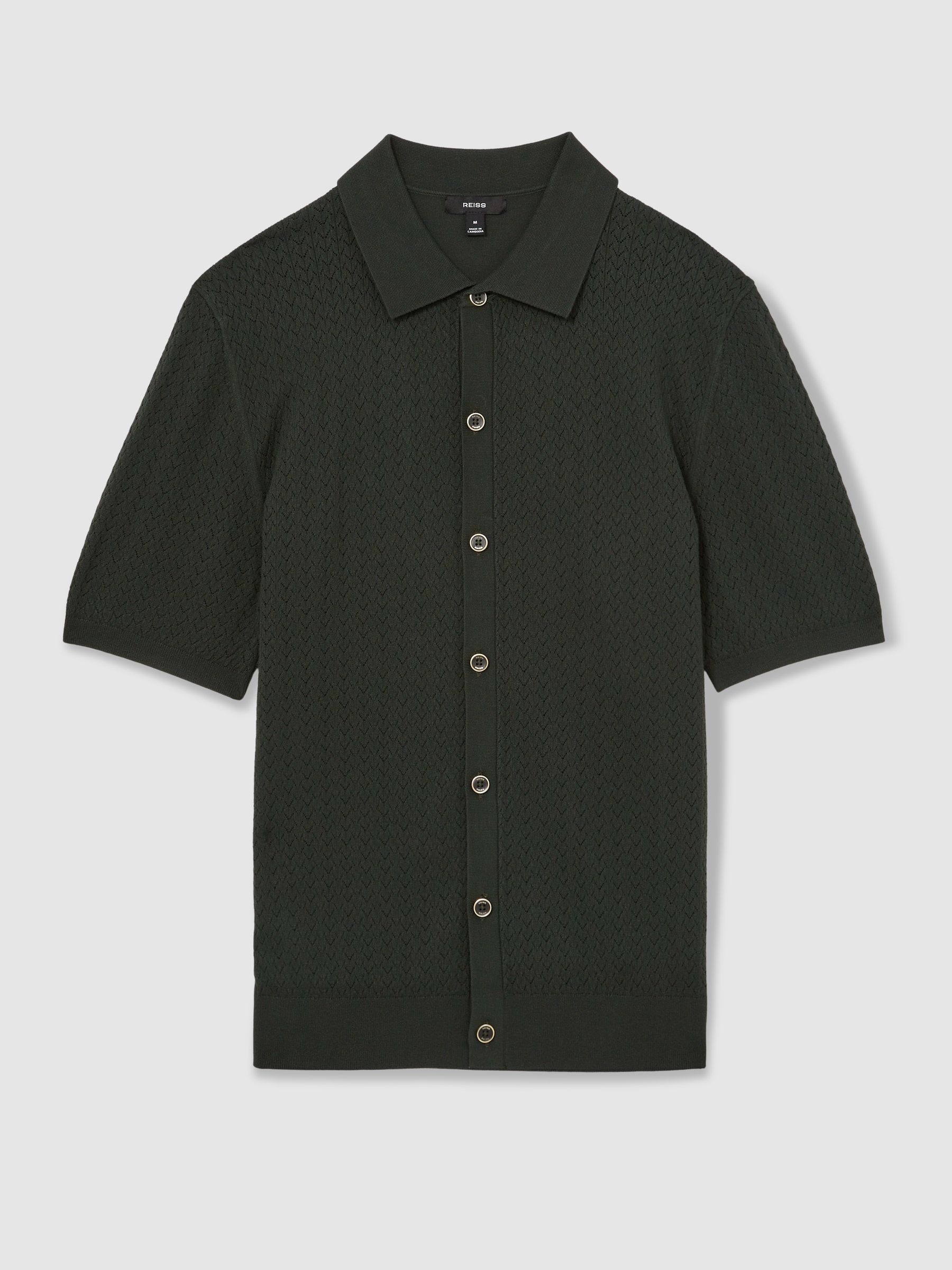 Textured Knit Button-Through Shirt in Dark Green - Image 2 of 6