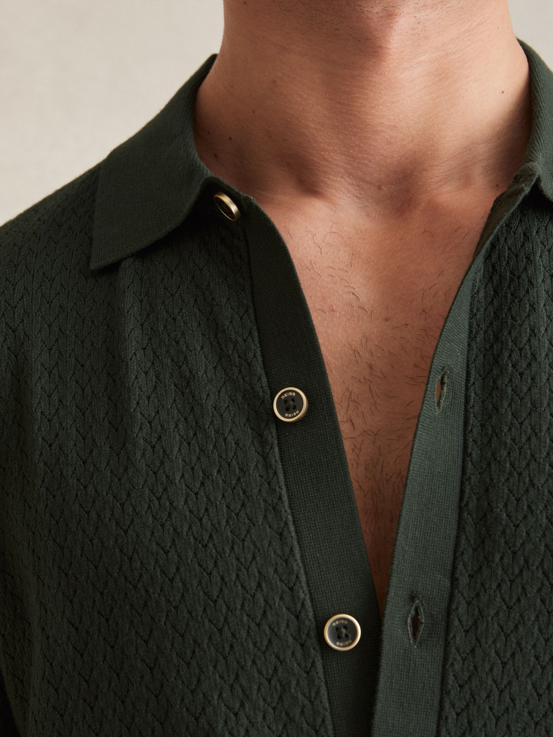 Textured Knit Button-Through Shirt in Dark Green - Image 4 of 6