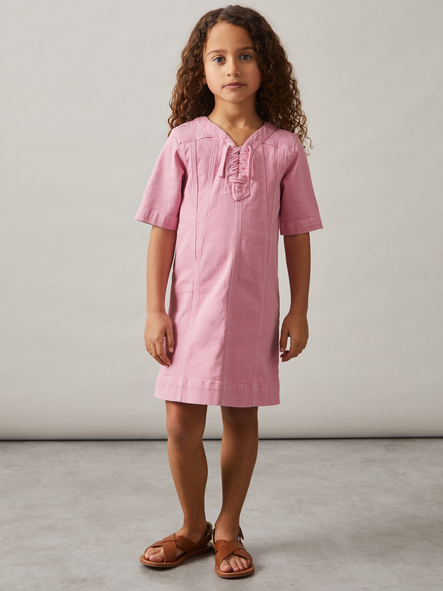 4-9 yrs Lace-Up Detail Denim Dress in Pink - Image 1 of 5