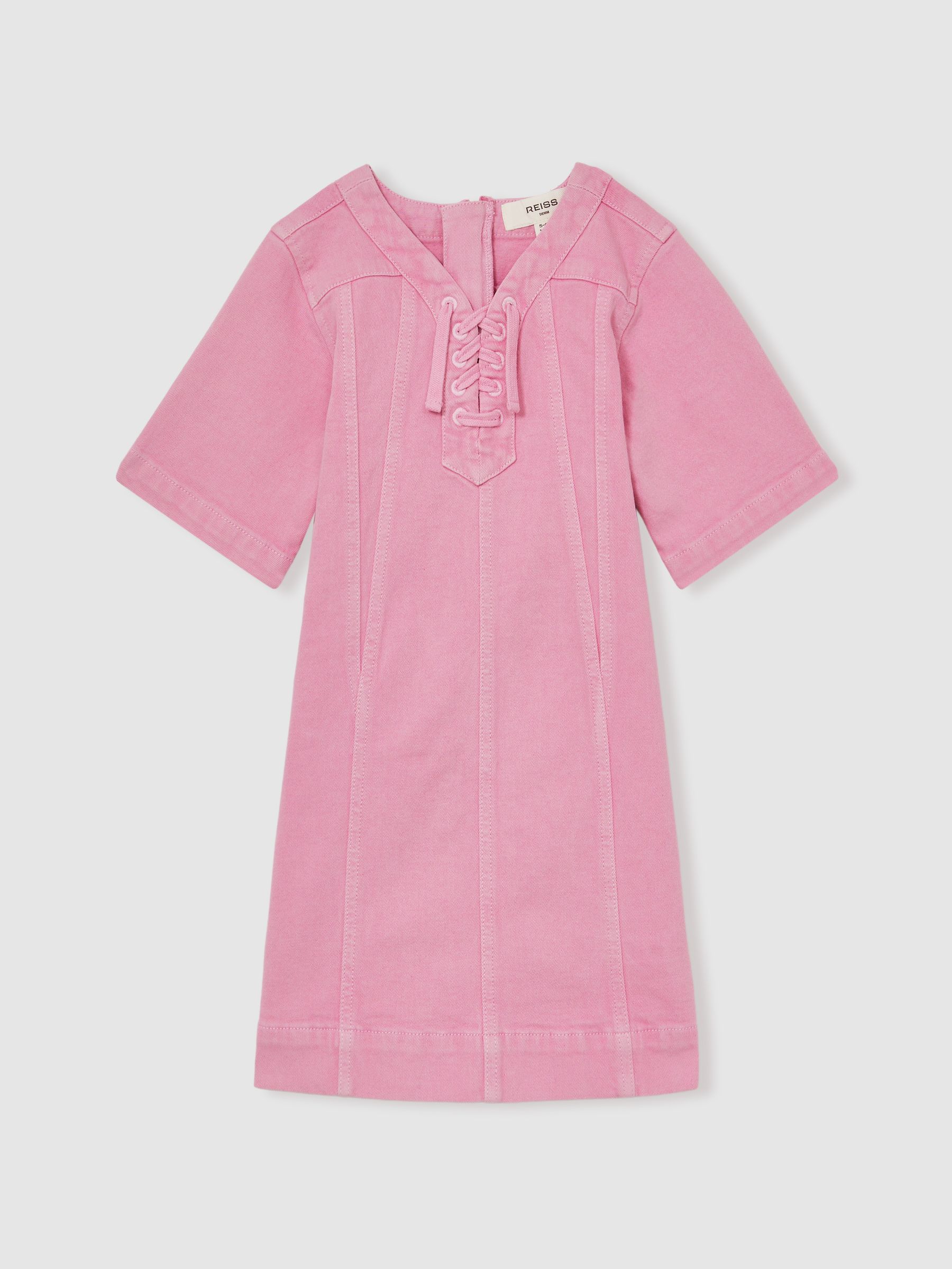 4-9 yrs Lace-Up Detail Denim Dress in Pink - Image 2 of 5