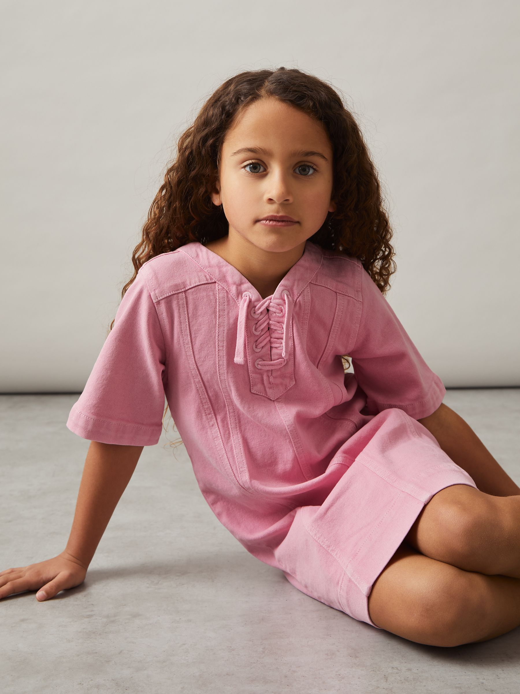 4-9 yrs Lace-Up Detail Denim Dress in Pink - Image 3 of 5