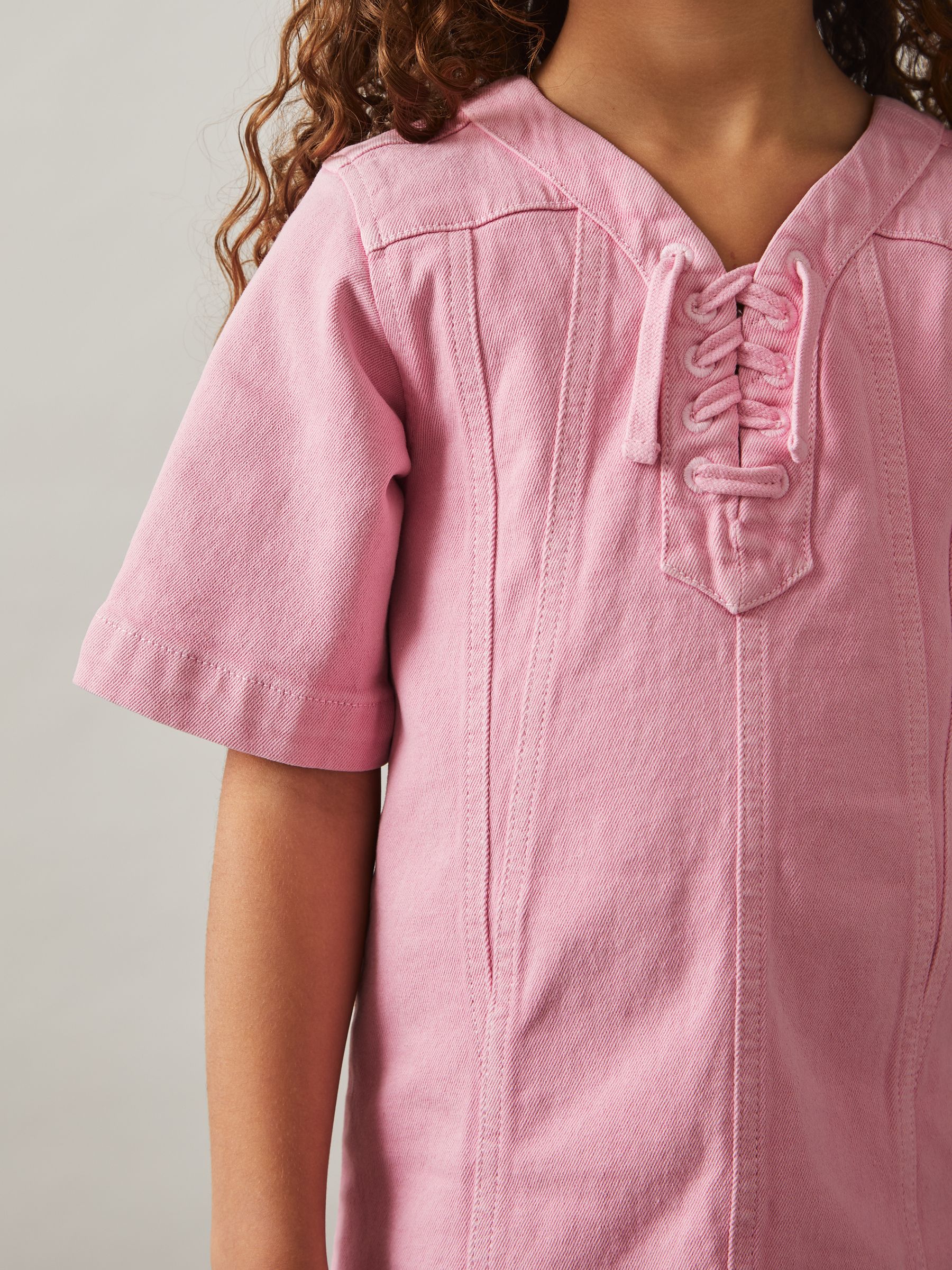 4-9 yrs Lace-Up Detail Denim Dress in Pink - Image 4 of 5