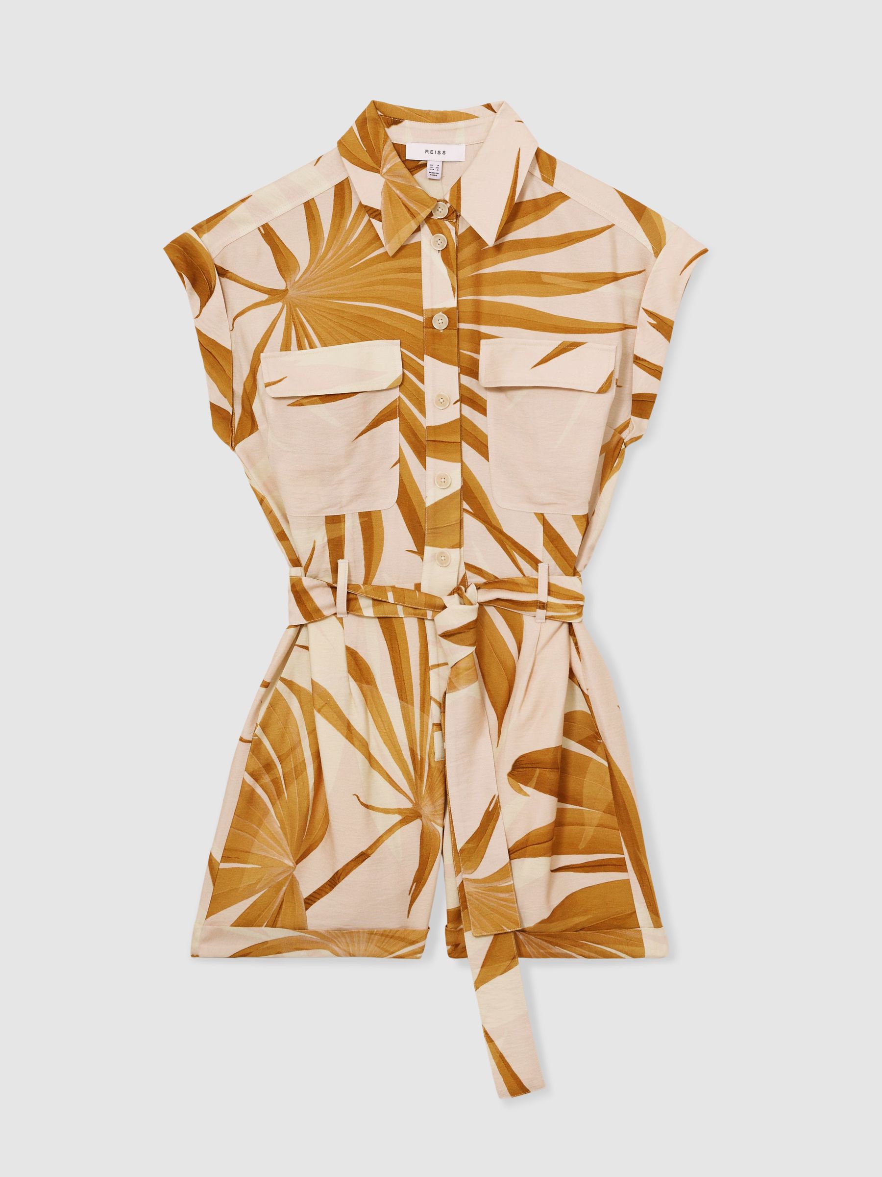 Reiss Palm Print Belted Playsuit in Neutral - REISS