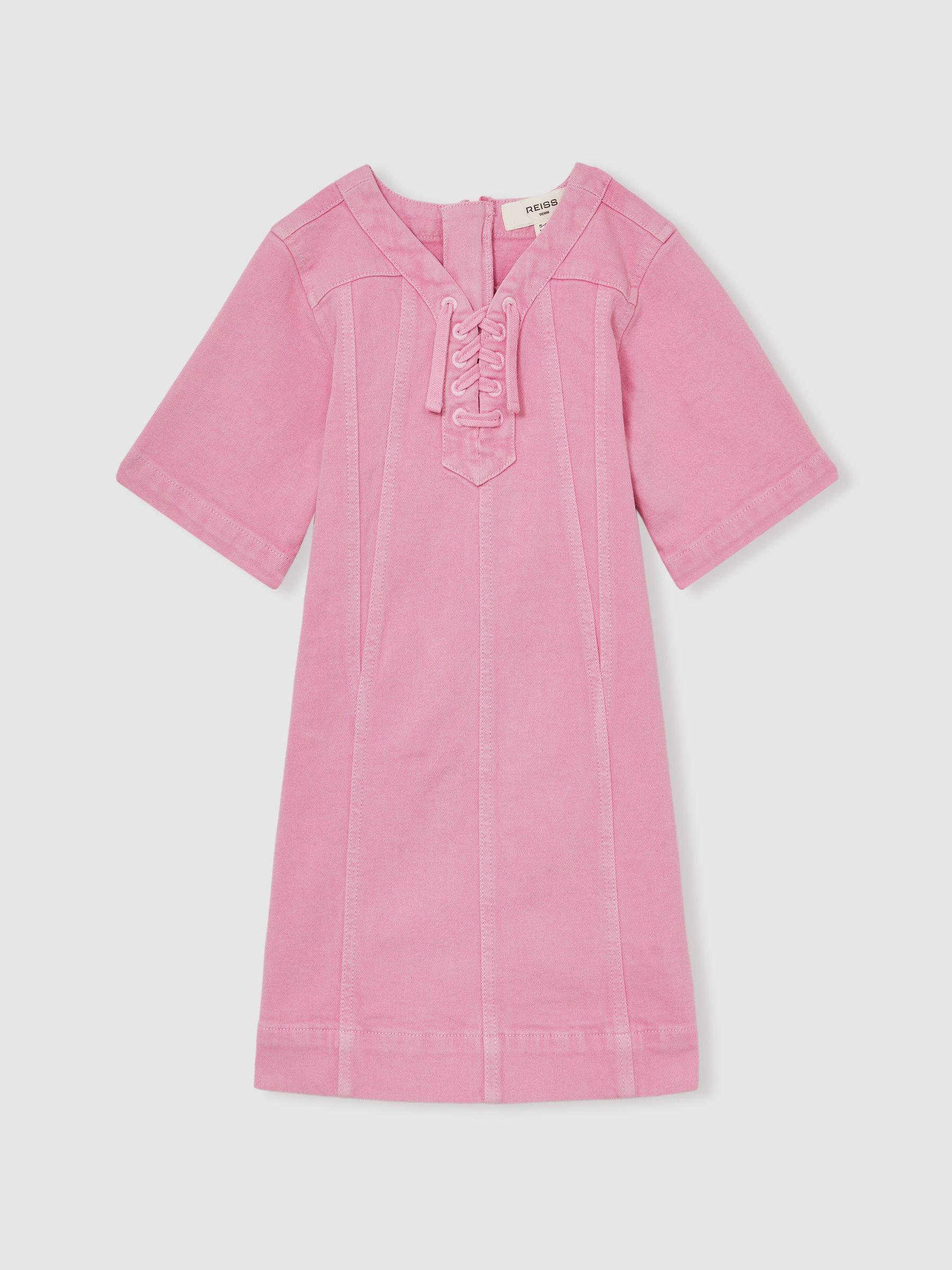 13-14 yrs Lace-Up Detail Denim Dress in Pink - Image 1 of 4 13-14 yrs Lace-Up Detail Denim Dress in Pink - Image 1 of 4