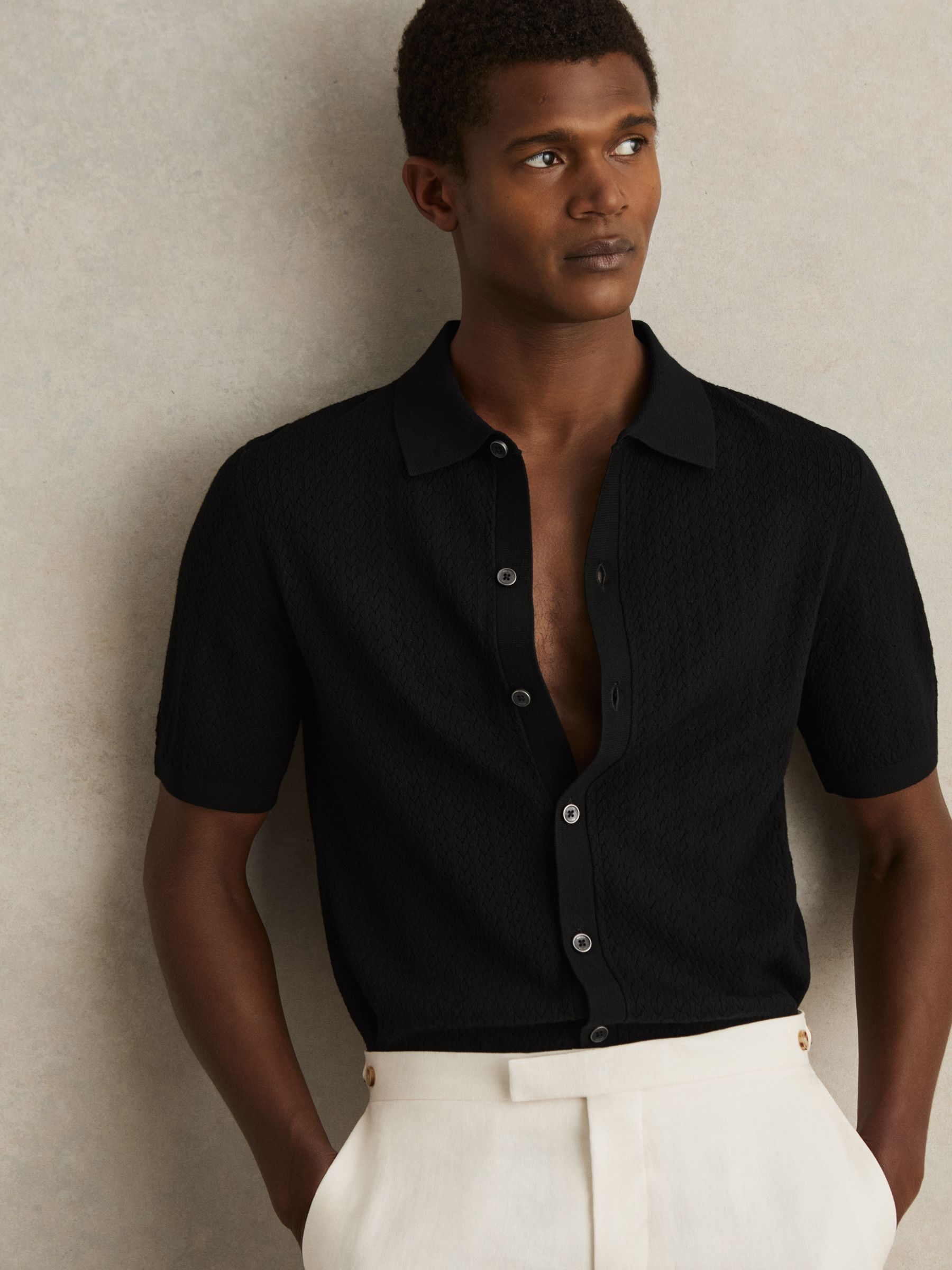 Textured Knit Button-Through Shirt in Black - Image 1 of 7
