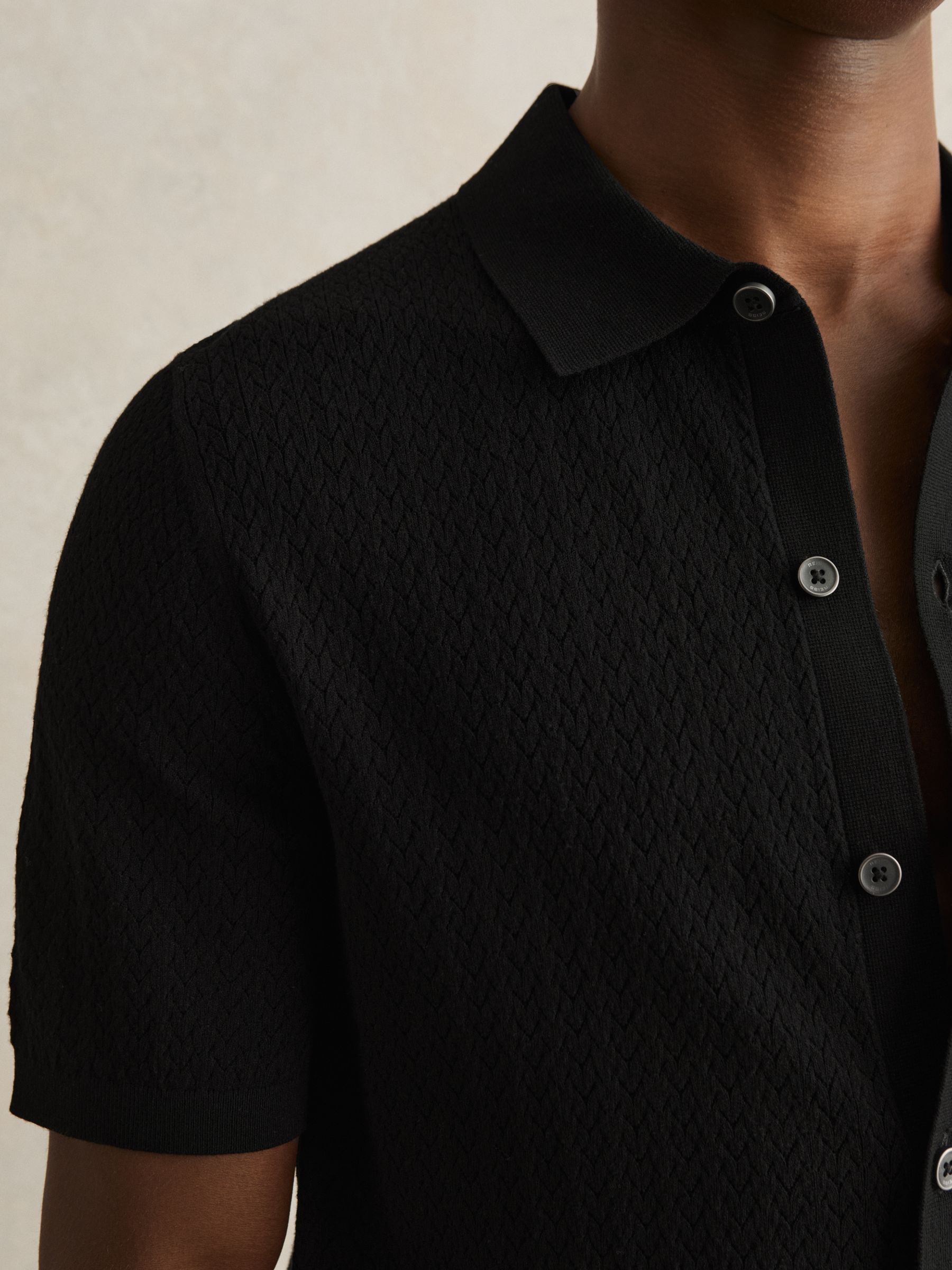 Textured Knit Button-Through Shirt in Black - Image 4 of 7