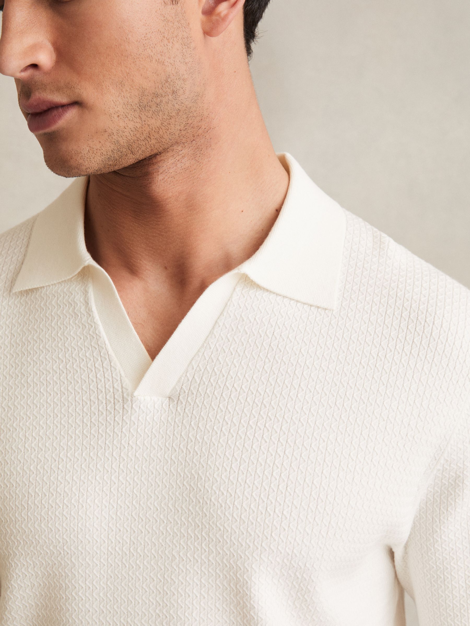 Open-Collar Knit Polo Shirt in White - Image 4 of 7